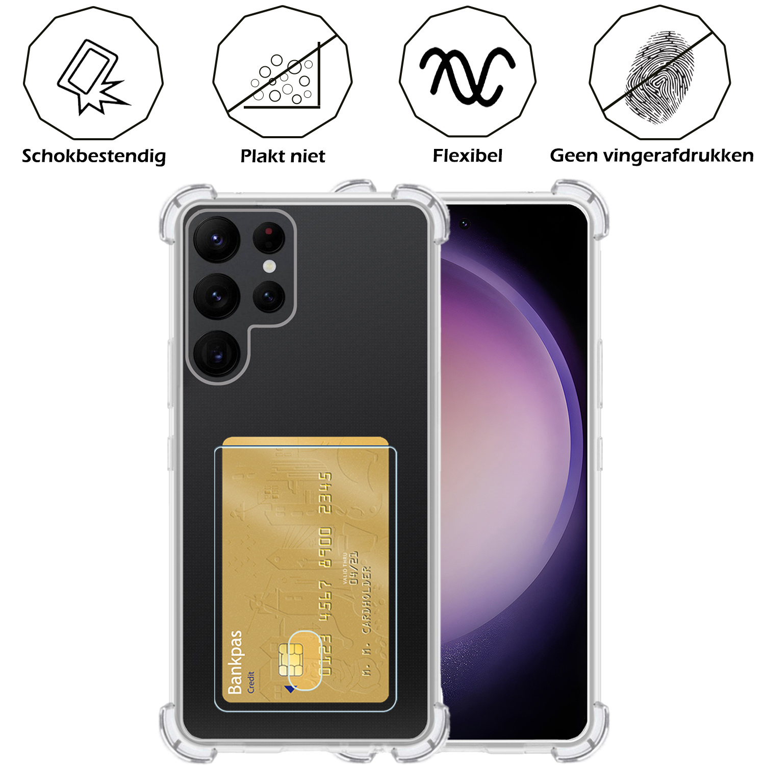 Nomfy Hoesje Geschikt voor Samsung S23 Ultra Hoesje Pasjeshouder Shockproof Pas Houder - Hoesje Geschikt voor Samsung Galaxy S23 Ultra Hoes Met Kaarthouder - Transparant