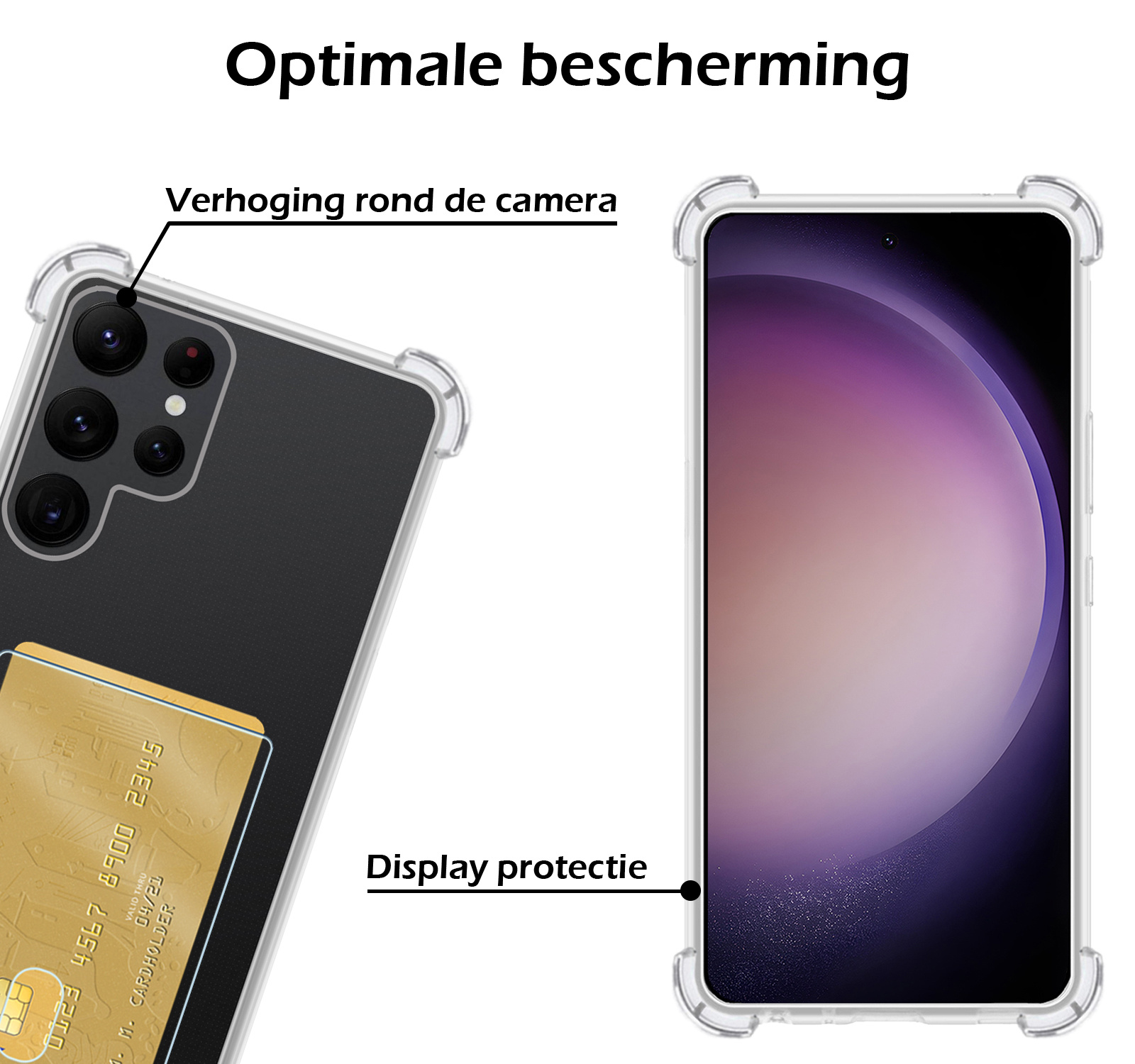 Nomfy Hoesje Geschikt voor Samsung S23 Ultra Hoesje Pasjeshouder Shockproof Pas Houder - Hoesje Geschikt voor Samsung Galaxy S23 Ultra Hoes Met Kaarthouder - Transparant - 2 PACK