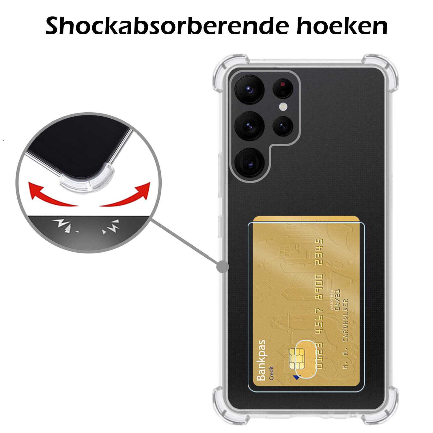 Nomfy Hoesje Geschikt voor Samsung S23 Ultra Hoesje Pasjeshouder Shockproof Pas Houder - Hoesje Geschikt voor Samsung Galaxy S23 Ultra Hoes Met Kaarthouder - Transparant - 2 PACK
