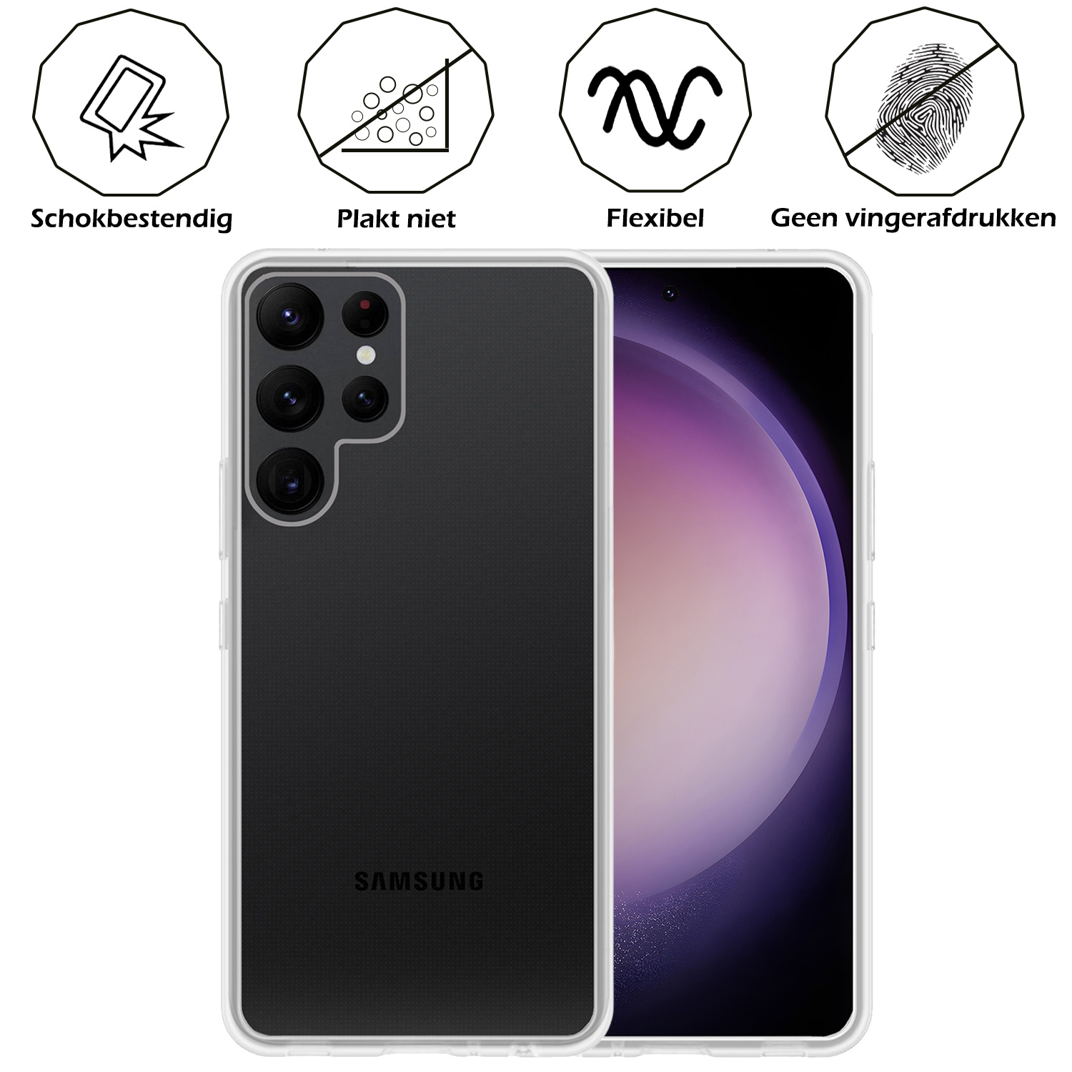 Nomfy Hoesje Geschikt voor Samsung S23 Ultra Hoesje Siliconen Cover Case - Hoes Geschikt voor Samsung Galaxy S23 Ultra Hoes Back Case - 2-PACK - Transparant