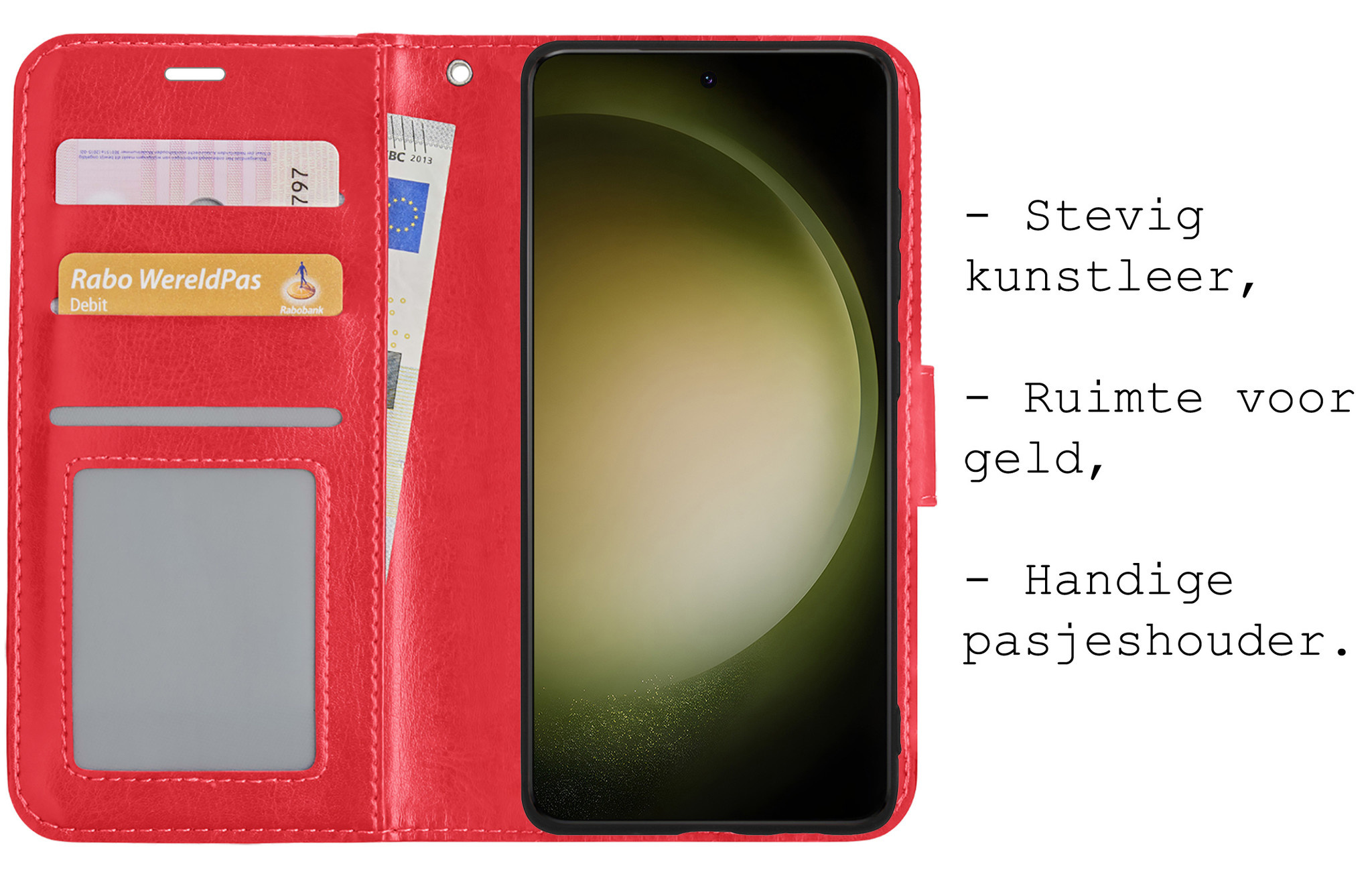BASEY. Hoes Geschikt voor Samsung S23 Plus Hoesje Bookcase Hoes Flip Case Book Cover Met 2x Screenprotector - Hoesje Geschikt voor Samsung Galaxy S23 Plus Hoes Book Case Hoesje - Rood