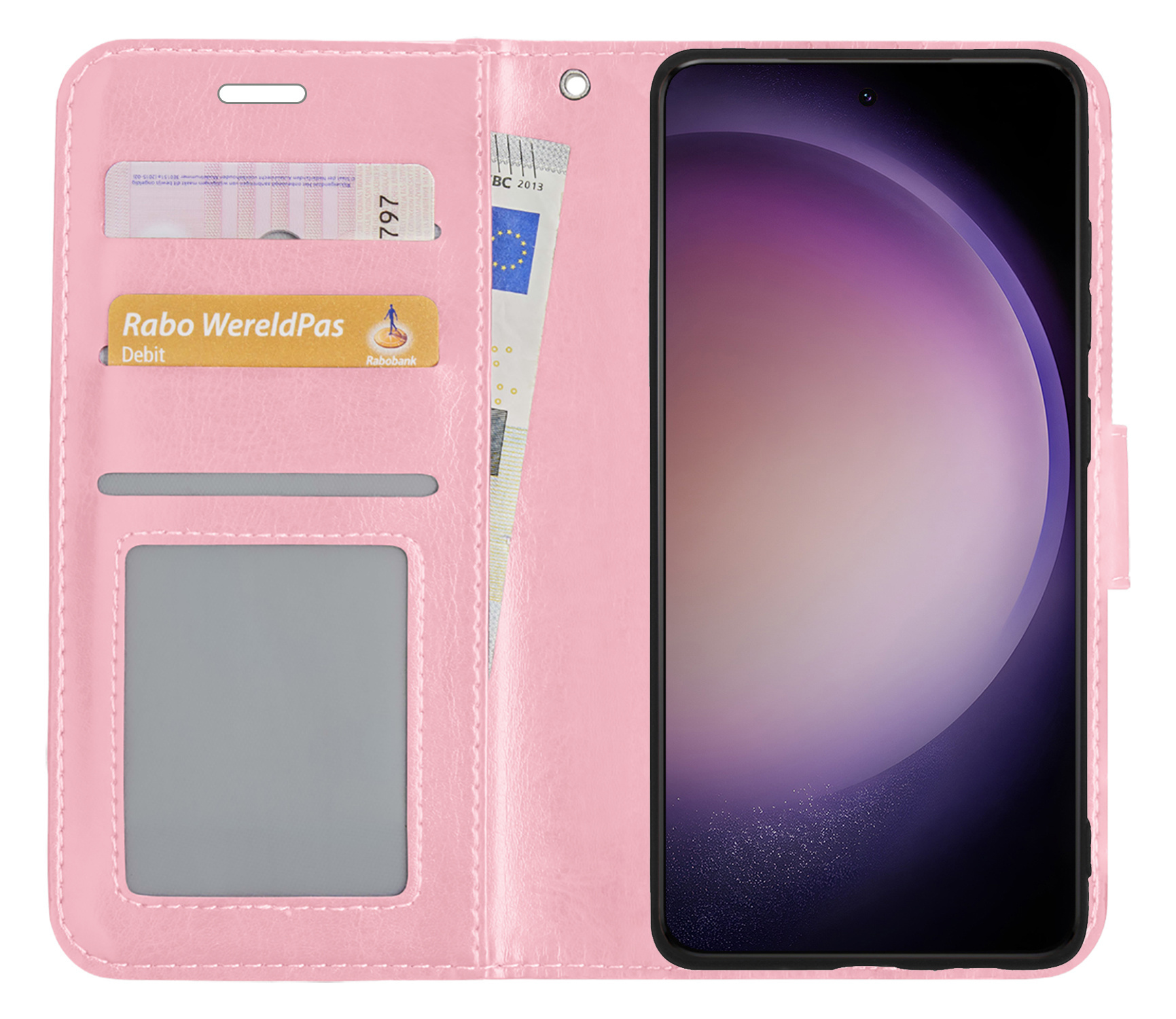 Nomfy Hoesje Geschikt voor Samsung S23 Plus Hoes Bookcase Flipcase Book Cover Met Screenprotector - Hoes Geschikt voor Samsung Galaxy S23 Plus Hoesje Book Case - Lichtroze