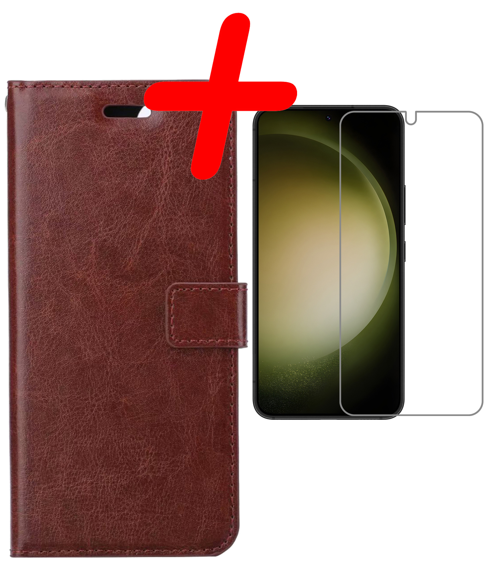 BASEY. Hoes Geschikt voor Samsung S23 Plus Hoesje Bookcase Hoes Flip Case Book Cover Met Screenprotector - Hoesje Geschikt voor Samsung Galaxy S23 Plus Hoes Book Case Hoesje - Bruin