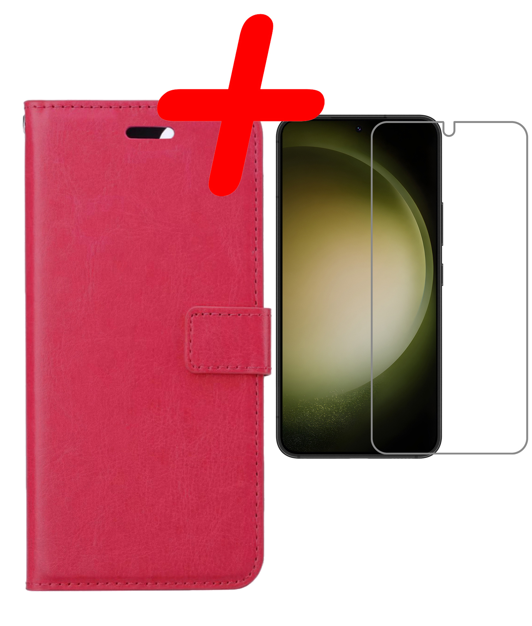 BASEY. Hoes Geschikt voor Samsung S23 Plus Hoesje Bookcase Hoes Flip Case Book Cover Met Screenprotector - Hoesje Geschikt voor Samsung Galaxy S23 Plus Hoes Book Case Hoesje - Donkerroze
