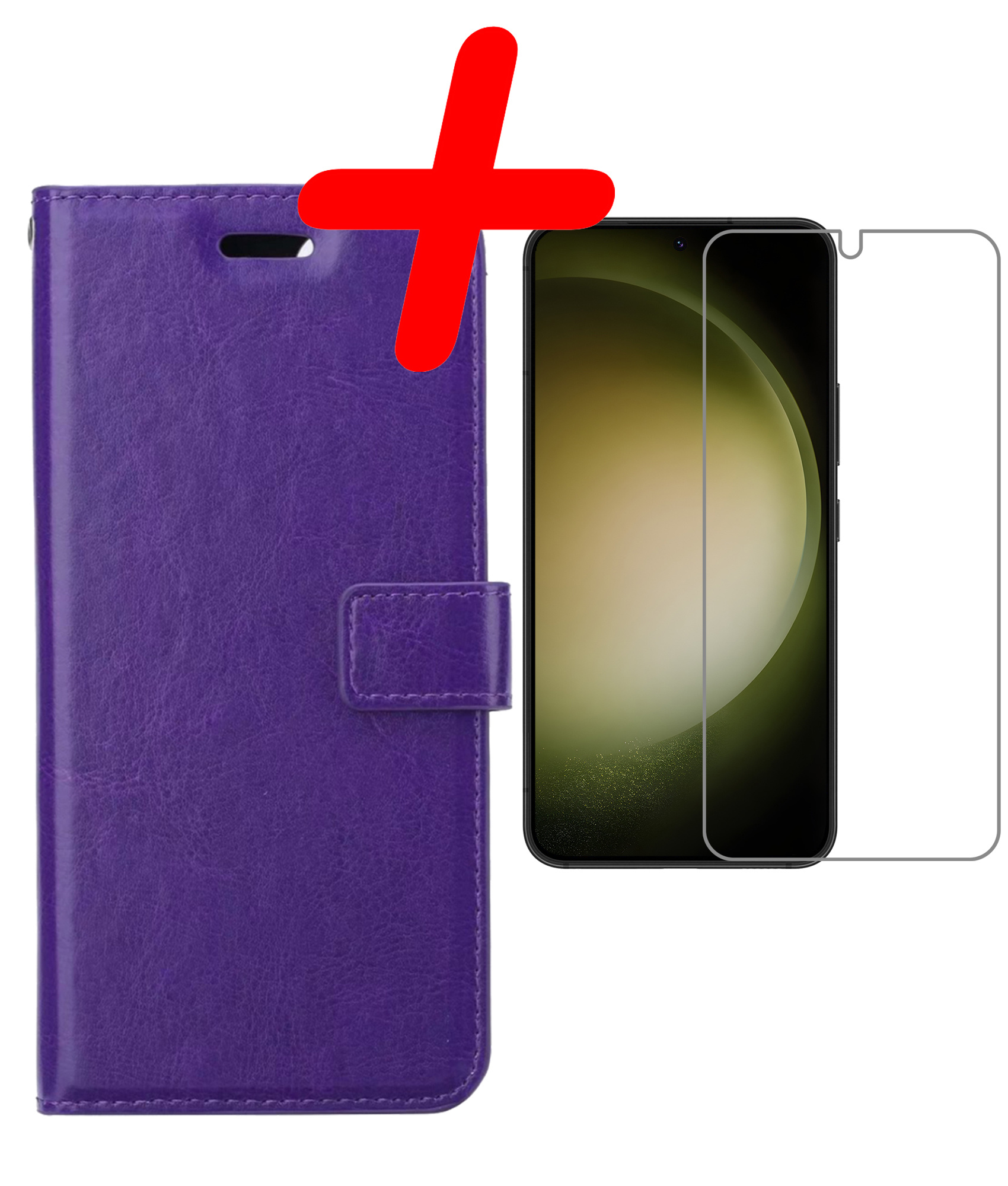 BASEY. Hoes Geschikt voor Samsung S23 Plus Hoesje Bookcase Hoes Flip Case Book Cover Met Screenprotector - Hoesje Geschikt voor Samsung Galaxy S23 Plus Hoes Book Case Hoesje - Paars