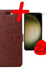 BASEY. Hoes Geschikt voor Samsung S23 Plus Hoesje Bookcase Hoes Flip Case Book Cover Met 2x Screenprotector - Hoesje Geschikt voor Samsung Galaxy S23 Plus Hoes Book Case Hoesje - Bruin