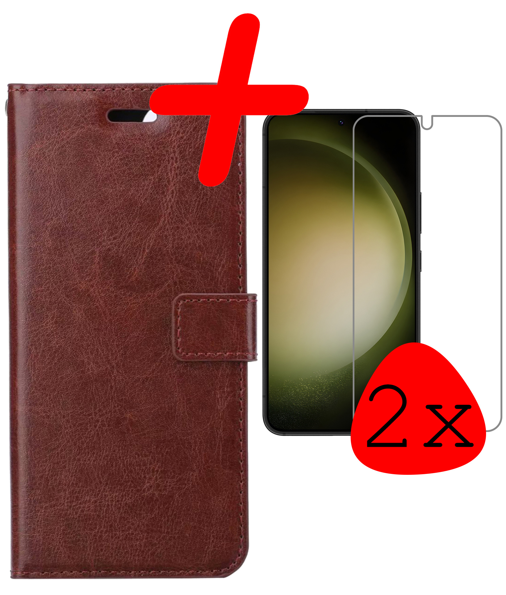 BASEY. Hoes Geschikt voor Samsung S23 Plus Hoesje Bookcase Hoes Flip Case Book Cover Met 2x Screenprotector - Hoesje Geschikt voor Samsung Galaxy S23 Plus Hoes Book Case Hoesje - Bruin