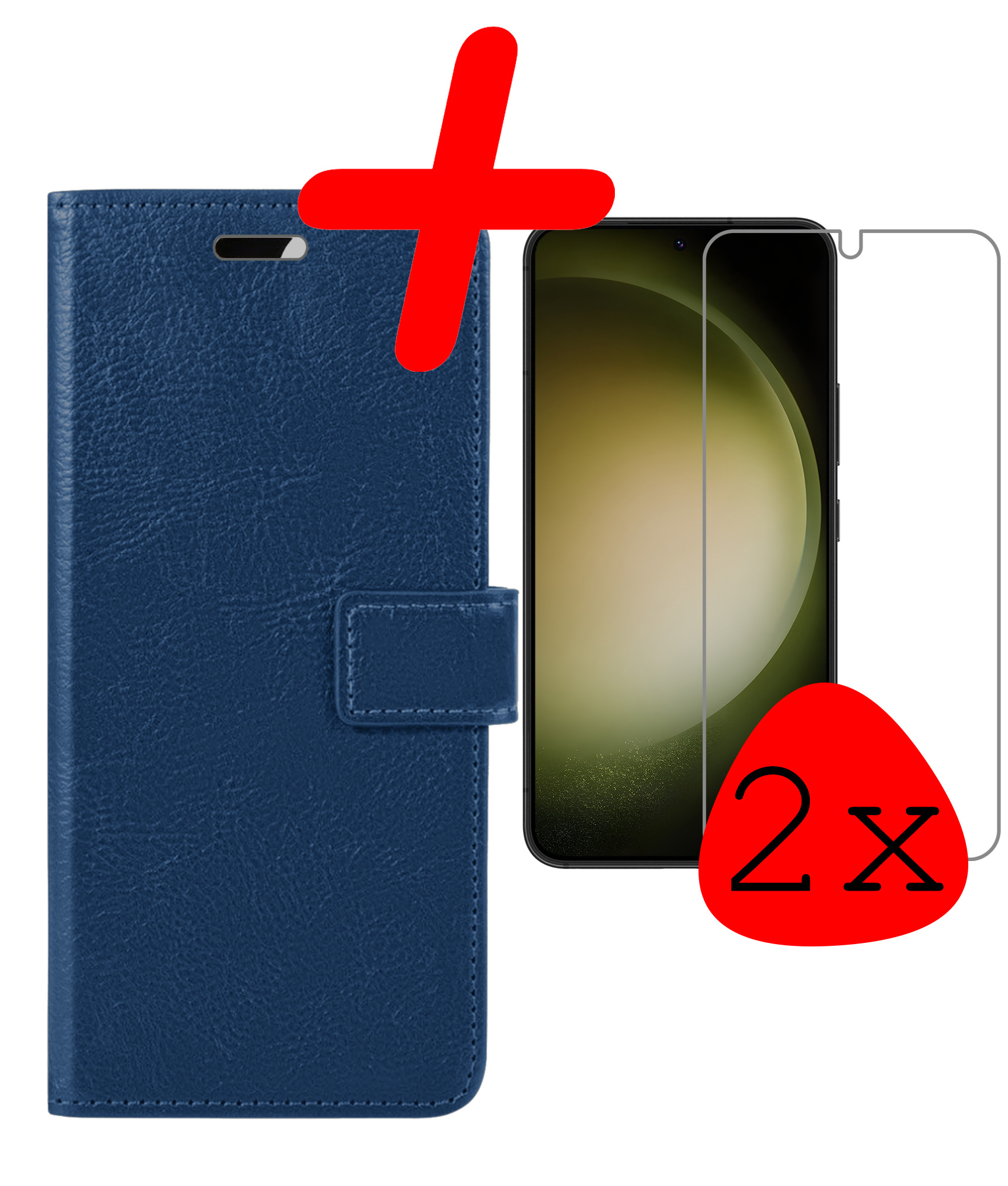 BASEY. Hoes Geschikt voor Samsung S23 Plus Hoesje Bookcase Hoes Flip Case Book Cover Met 2x Screenprotector - Hoesje Geschikt voor Samsung Galaxy S23 Plus Hoes Book Case Hoesje - Donkerblauw