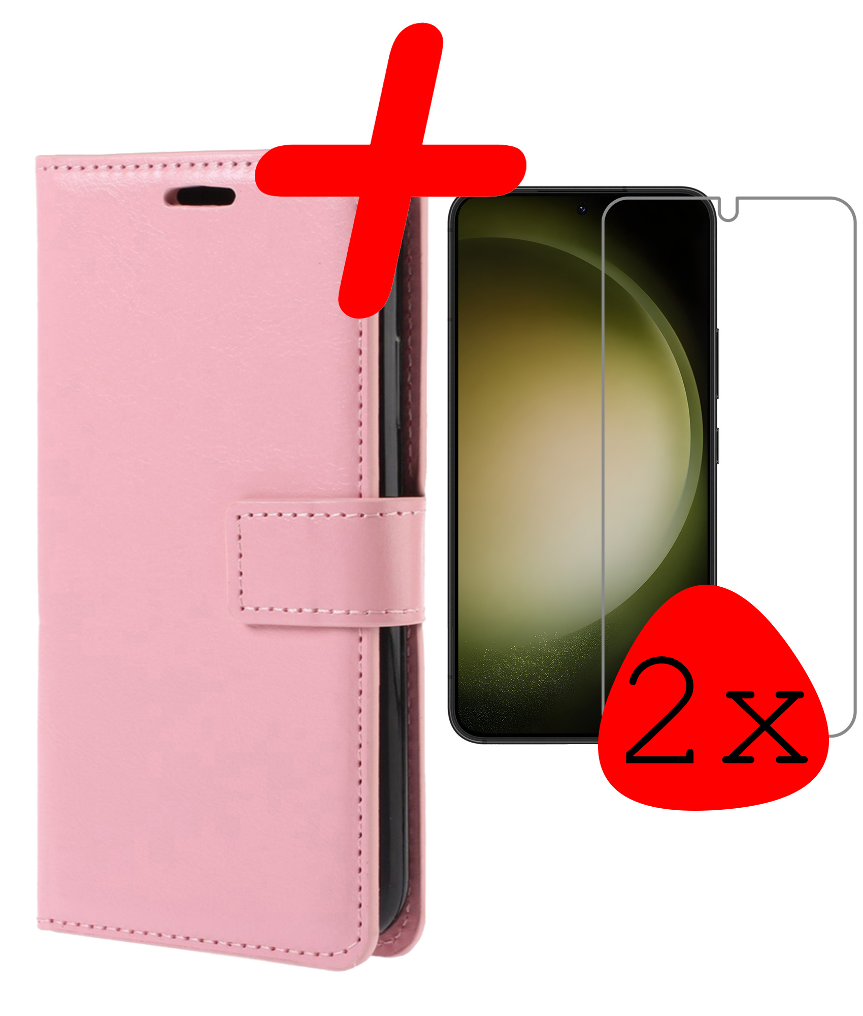 BASEY. Hoes Geschikt voor Samsung S23 Plus Hoesje Bookcase Hoes Flip Case Book Cover Met 2x Screenprotector - Hoesje Geschikt voor Samsung Galaxy S23 Plus Hoes Book Case Hoesje - Lichtroze