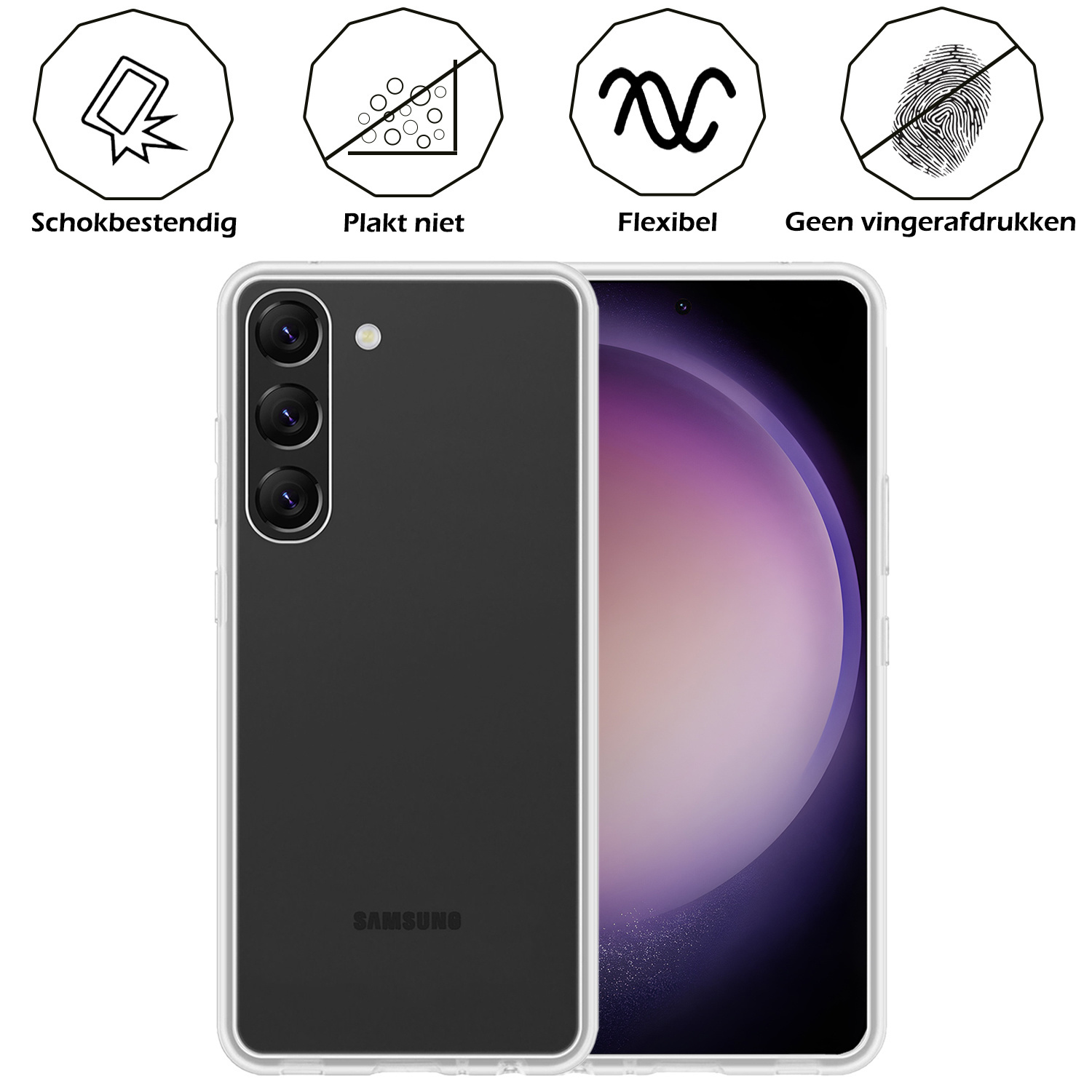 Nomfy Hoesje Geschikt voor Samsung S23 Plus Hoesje Siliconen Cover Case Met Screenprotector - Hoes Geschikt voor Samsung Galaxy S23 Plus Hoes Back Case - Transparant