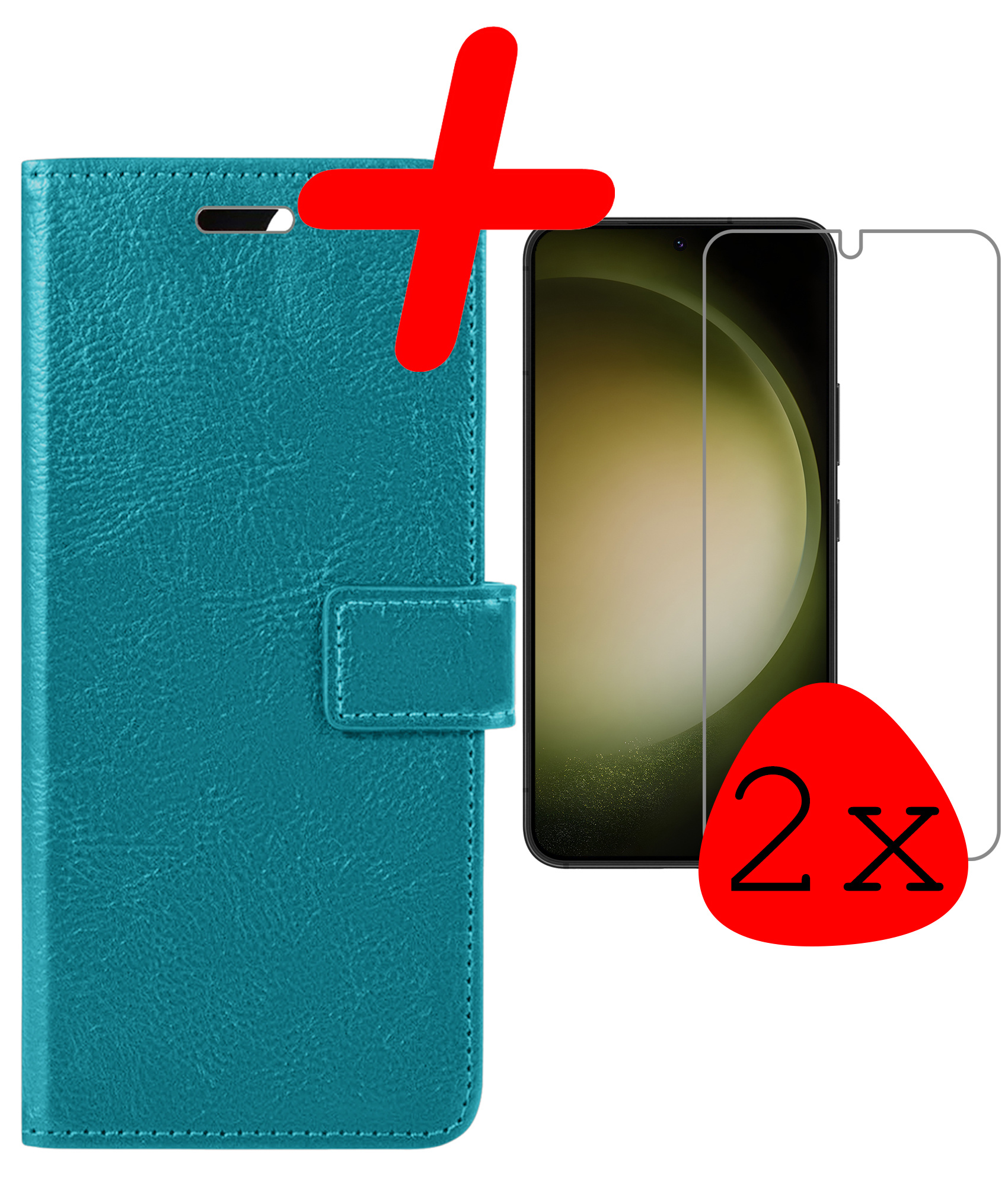 BASEY. Hoes Geschikt voor Samsung S23 Plus Hoesje Bookcase Hoes Flip Case Book Cover Met 2x Screenprotector - Hoesje Geschikt voor Samsung Galaxy S23 Plus Hoes Book Case Hoesje - Turquoise