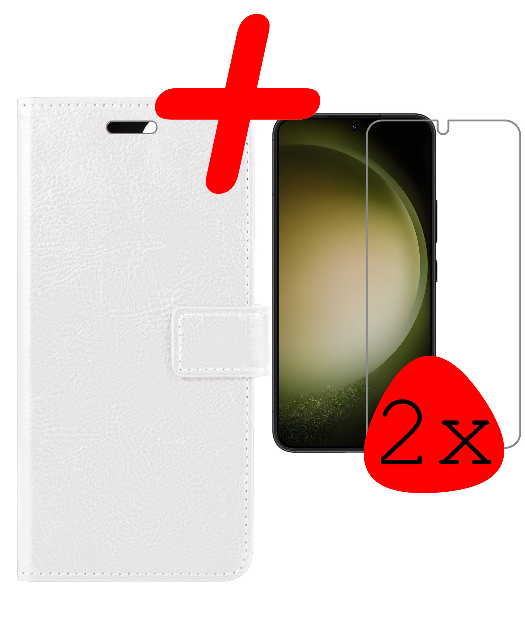 BASEY. Hoes Geschikt voor Samsung S23 Plus Hoesje Bookcase Hoes Flip Case Book Cover Met 2x Screenprotector - Hoesje Geschikt voor Samsung Galaxy S23 Plus Hoes Book Case Hoesje - Wit