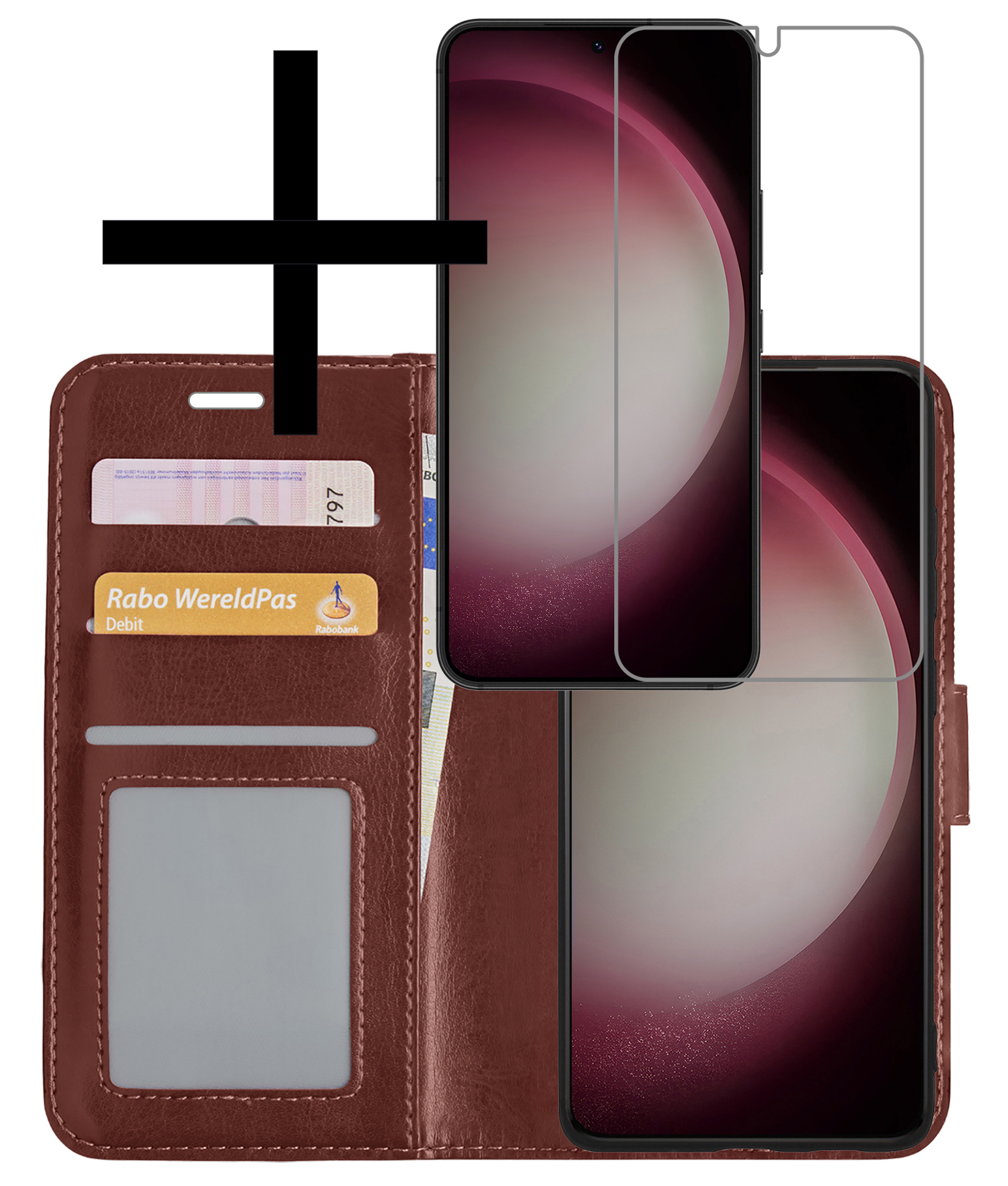 NoXx Hoes Geschikt voor Samsung S23 Plus Hoesje Book Case Hoes Flip Cover Wallet Bookcase Met Screenprotector - Bruin