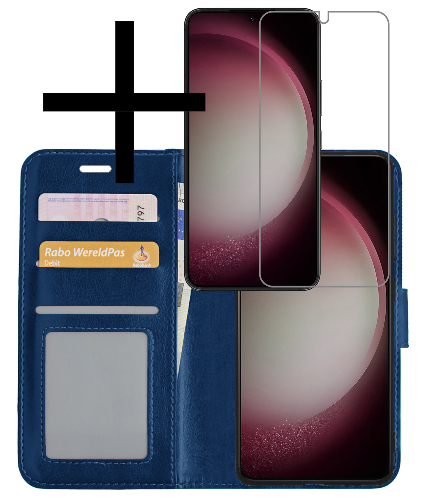 NoXx Hoes Geschikt voor Samsung S23 Plus Hoesje Book Case Hoes Flip Cover Wallet Bookcase Met Screenprotector - Donkerblauw
