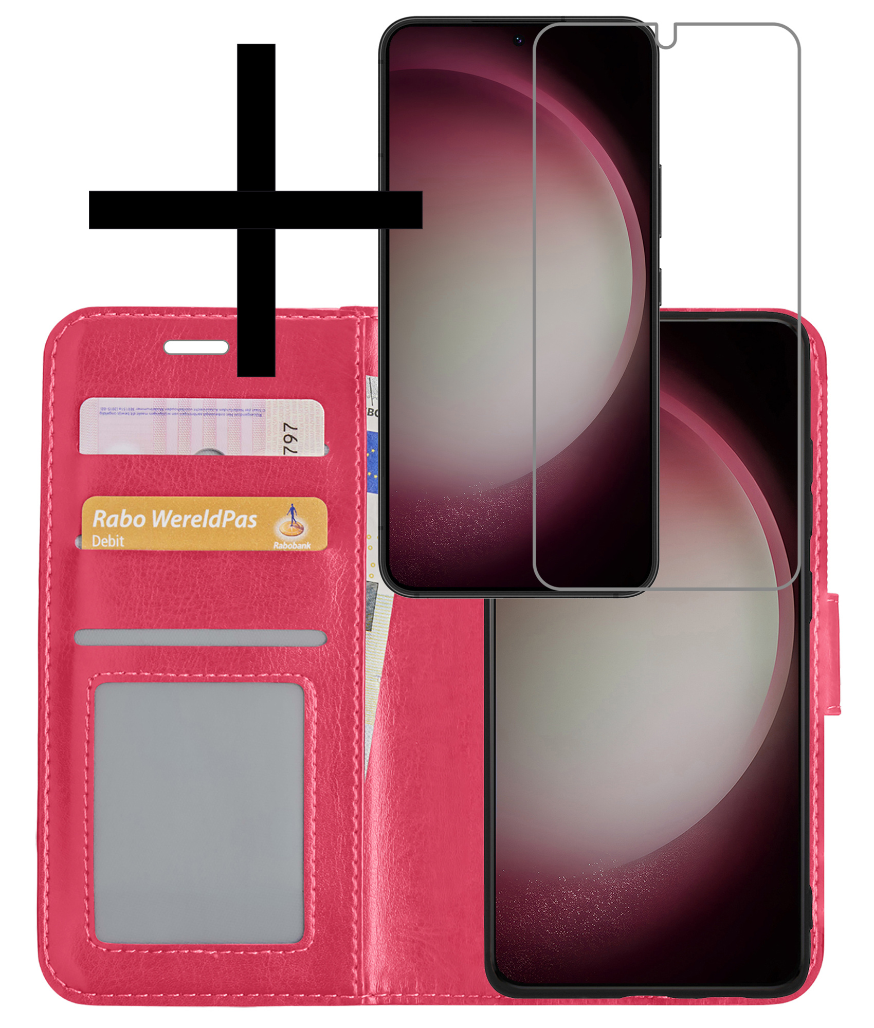 NoXx Hoes Geschikt voor Samsung S23 Plus Hoesje Book Case Hoes Flip Cover Wallet Bookcase Met Screenprotector - Donkerroze