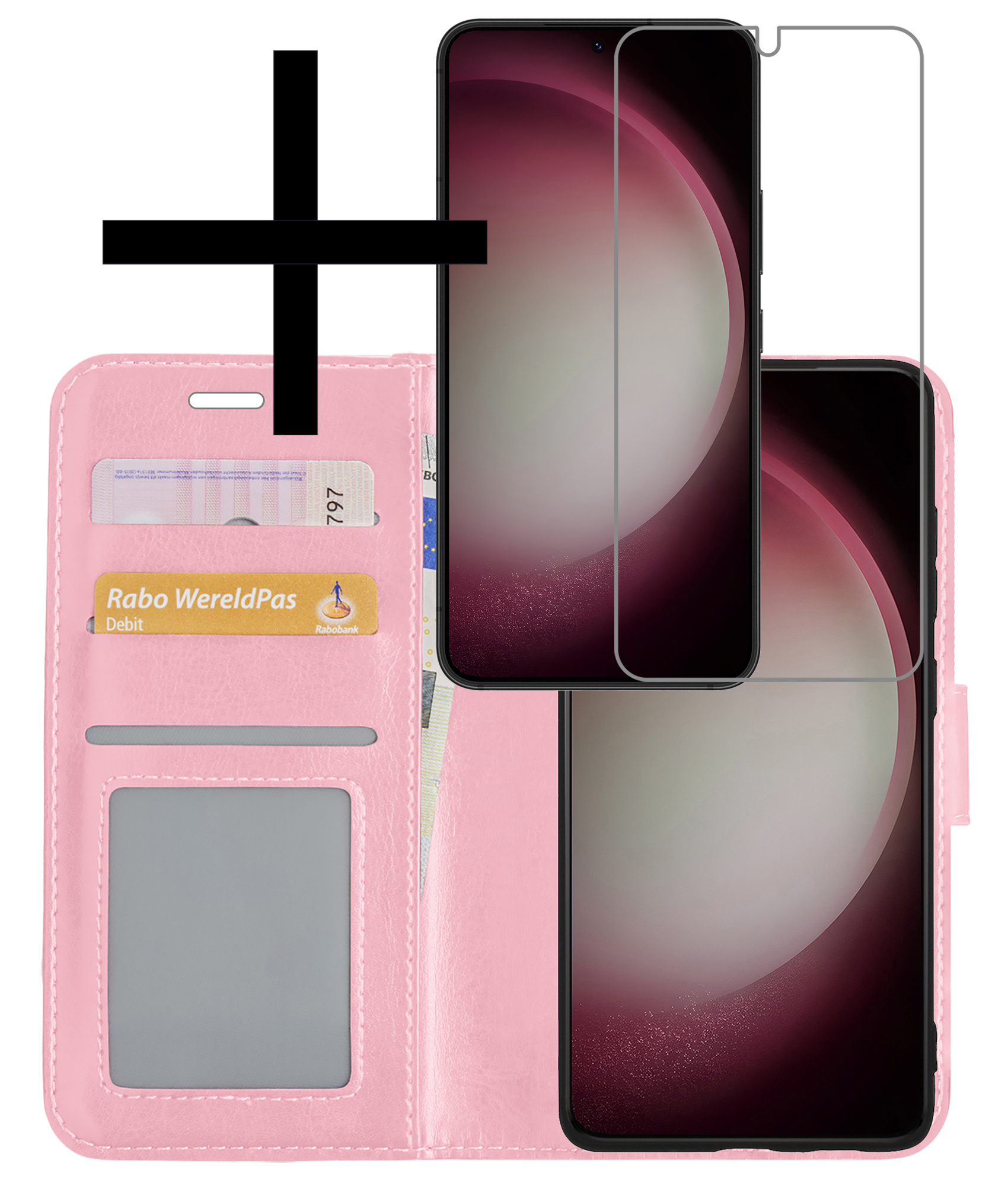 NoXx Hoes Geschikt voor Samsung S23 Plus Hoesje Book Case Hoes Flip Cover Wallet Bookcase Met Screenprotector - Lichtroze