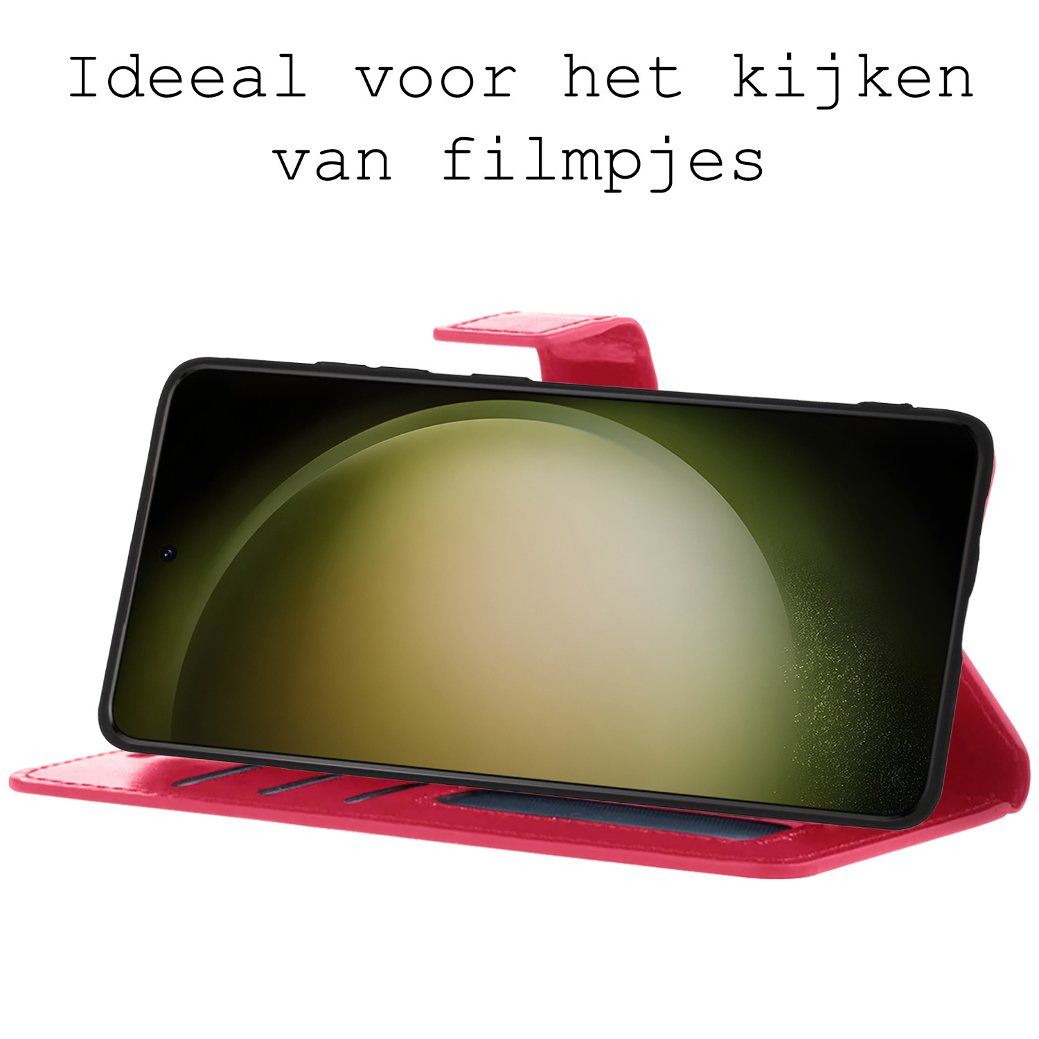 BASEY. Hoes Geschikt voor Samsung S23 Ultra Hoesje Bookcase Hoes Flip Case Book Cover Met Screenprotector - Hoesje Geschikt voor Samsung Galaxy S23 Ultra Hoes Book Case Hoesje - Donkerroze