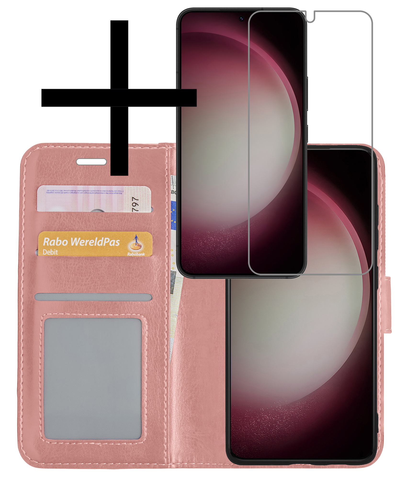 NoXx Hoes Geschikt voor Samsung S23 Plus Hoesje Book Case Hoes Flip Cover Wallet Bookcase Met Screenprotector - Rosé goud