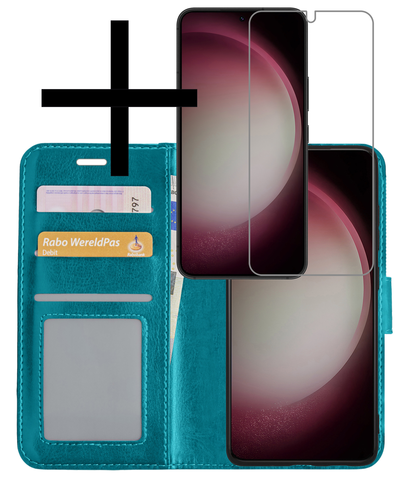 NoXx Hoes Geschikt voor Samsung S23 Plus Hoesje Book Case Hoes Flip Cover Wallet Bookcase Met Screenprotector - Turquoise