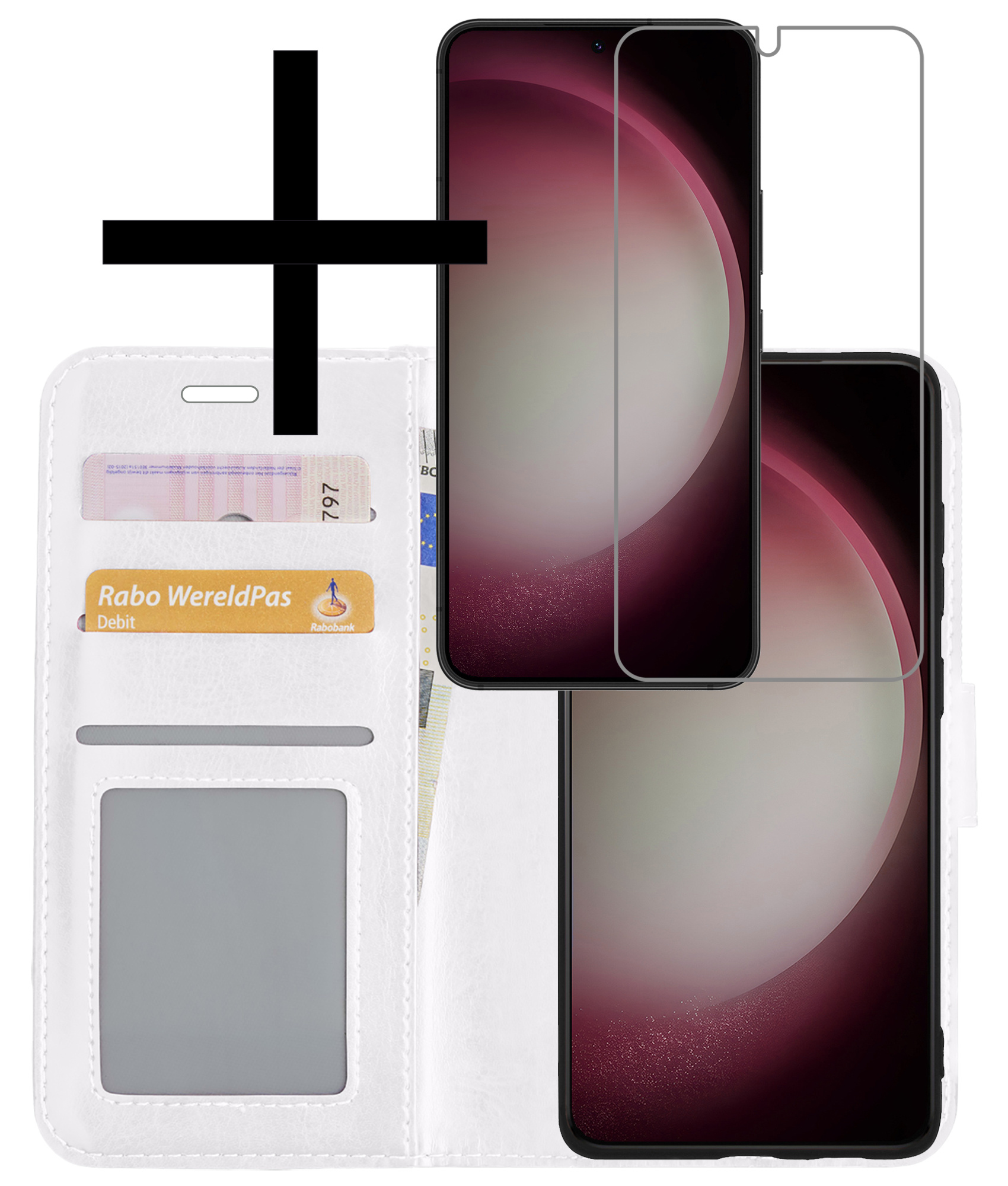 NoXx Hoes Geschikt voor Samsung S23 Plus Hoesje Book Case Hoes Flip Cover Wallet Bookcase Met Screenprotector - Wit
