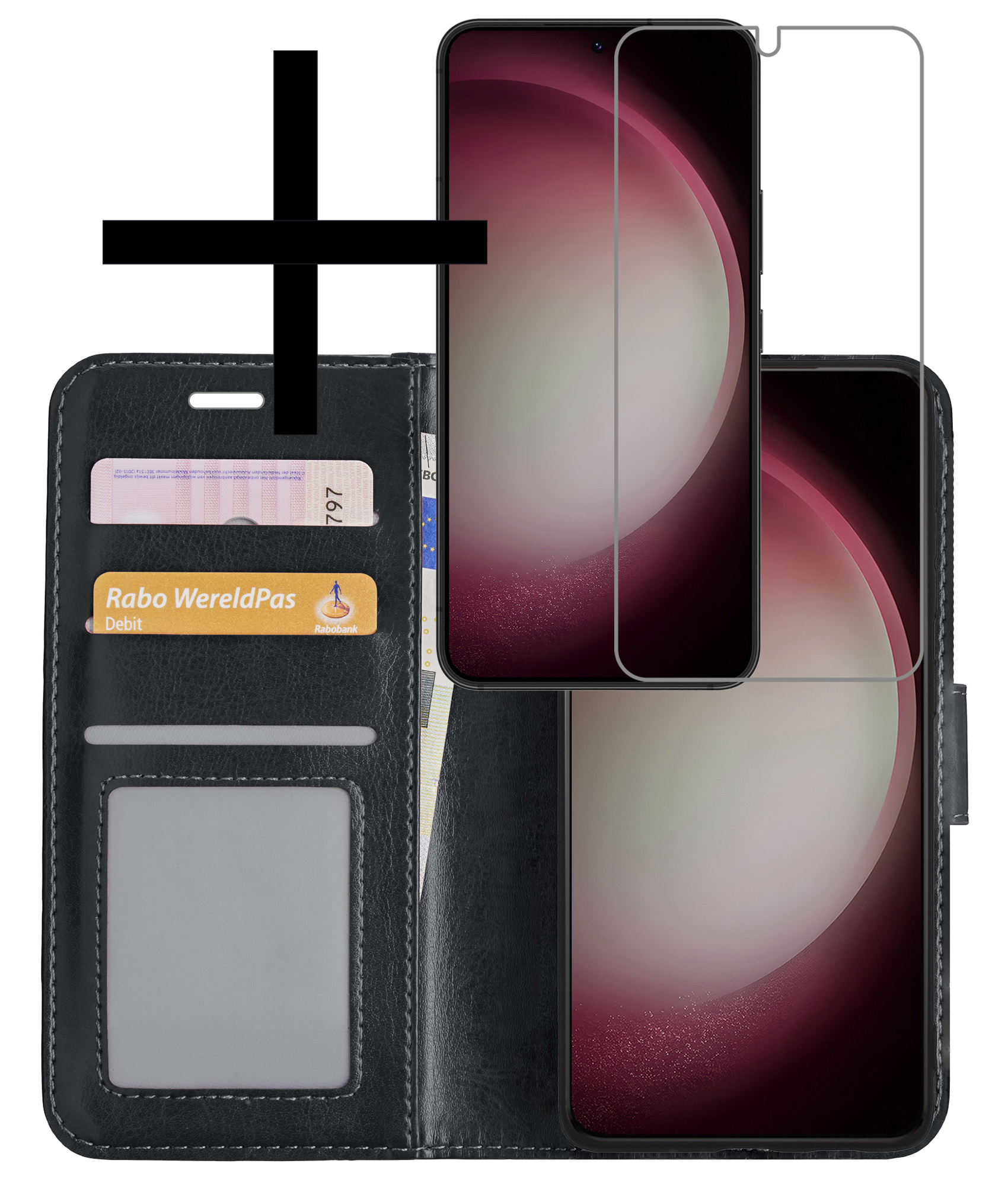 NoXx Hoes Geschikt voor Samsung S23 Plus Hoesje Book Case Hoes Flip Cover Wallet Bookcase Met Screenprotector - Zwart