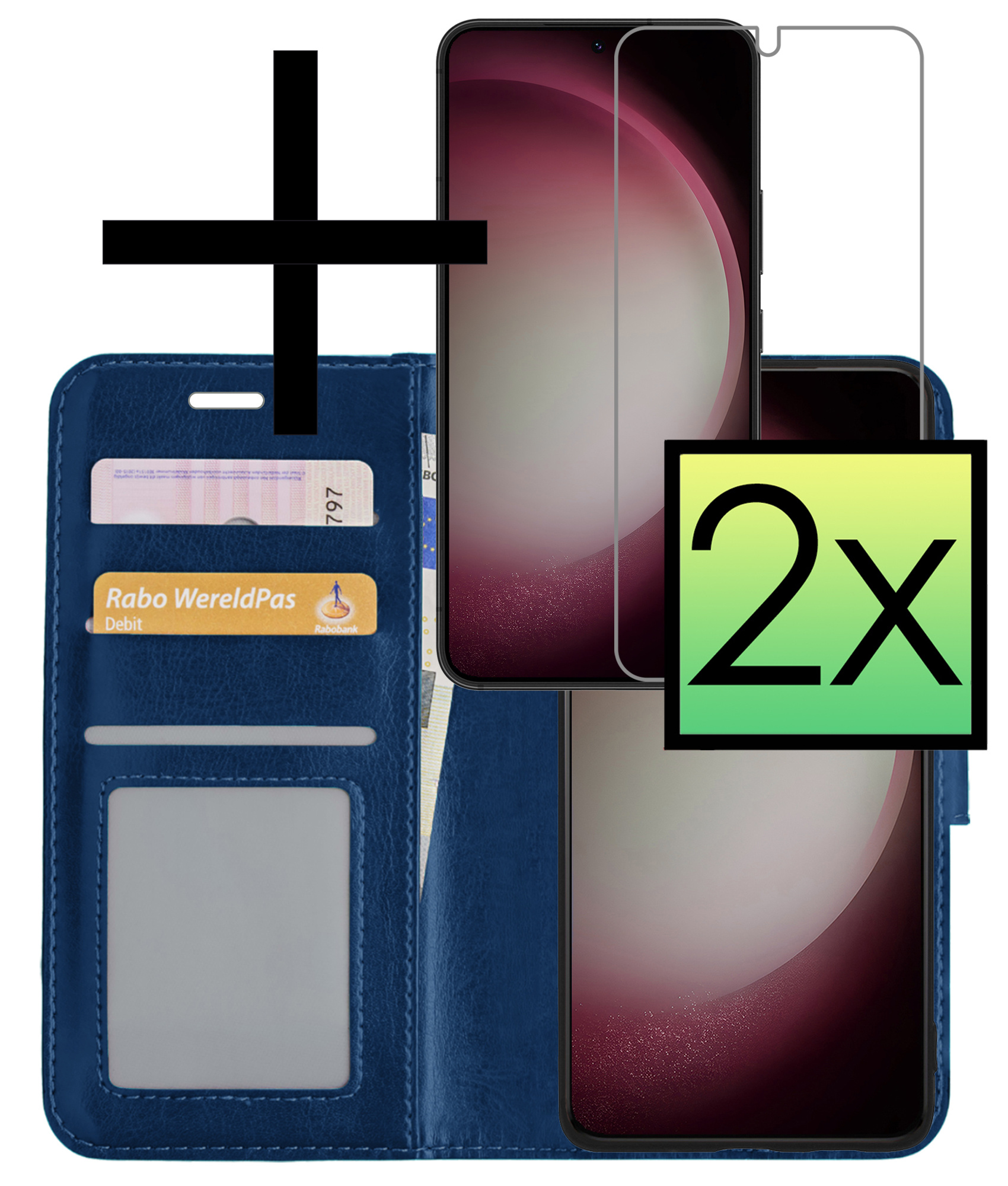 NoXx Hoes Geschikt voor Samsung S23 Plus Hoesje Book Case Hoes Flip Cover Wallet Bookcase Met 2x Screenprotector - Donkerblauw