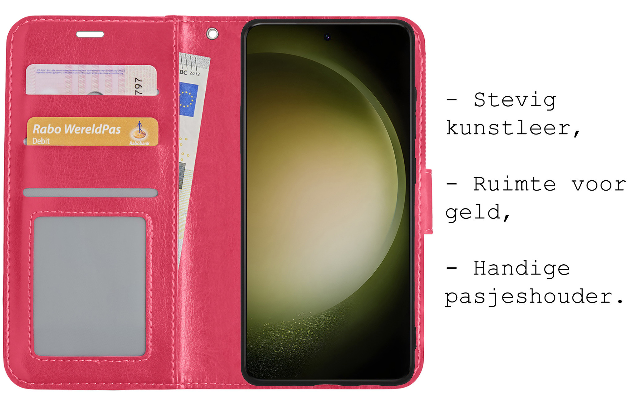 BASEY. Hoes Geschikt voor Samsung S23 Ultra Hoesje Bookcase Hoes Flip Case Book Cover Met 2x Screenprotector - Hoesje Geschikt voor Samsung Galaxy S23 Ultra Hoes Book Case Hoesje - Donkerroze