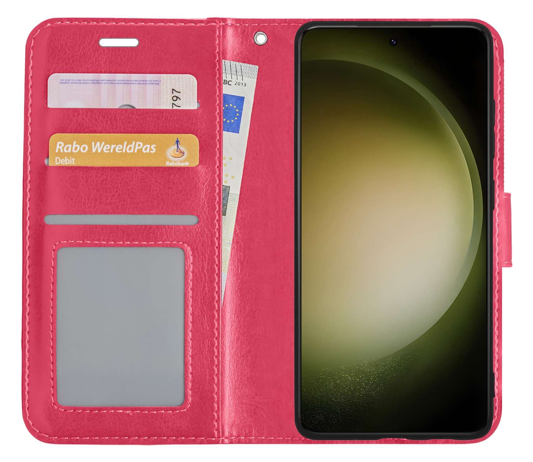 BASEY. Hoes Geschikt voor Samsung S23 Ultra Hoesje Bookcase Hoes Flip Case Book Cover Met 2x Screenprotector - Hoesje Geschikt voor Samsung Galaxy S23 Ultra Hoes Book Case Hoesje - Donkerroze