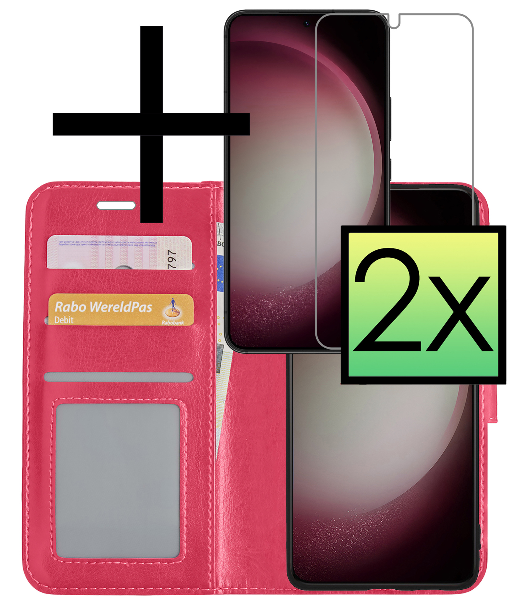 NoXx Hoes Geschikt voor Samsung S23 Plus Hoesje Book Case Hoes Flip Cover Wallet Bookcase Met 2x Screenprotector - Donkerroze
