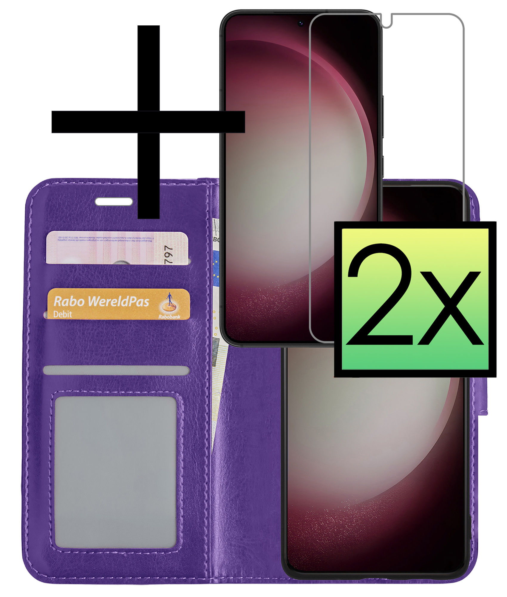NoXx Hoes Geschikt voor Samsung S23 Plus Hoesje Book Case Hoes Flip Cover Wallet Bookcase Met 2x Screenprotector - Paars