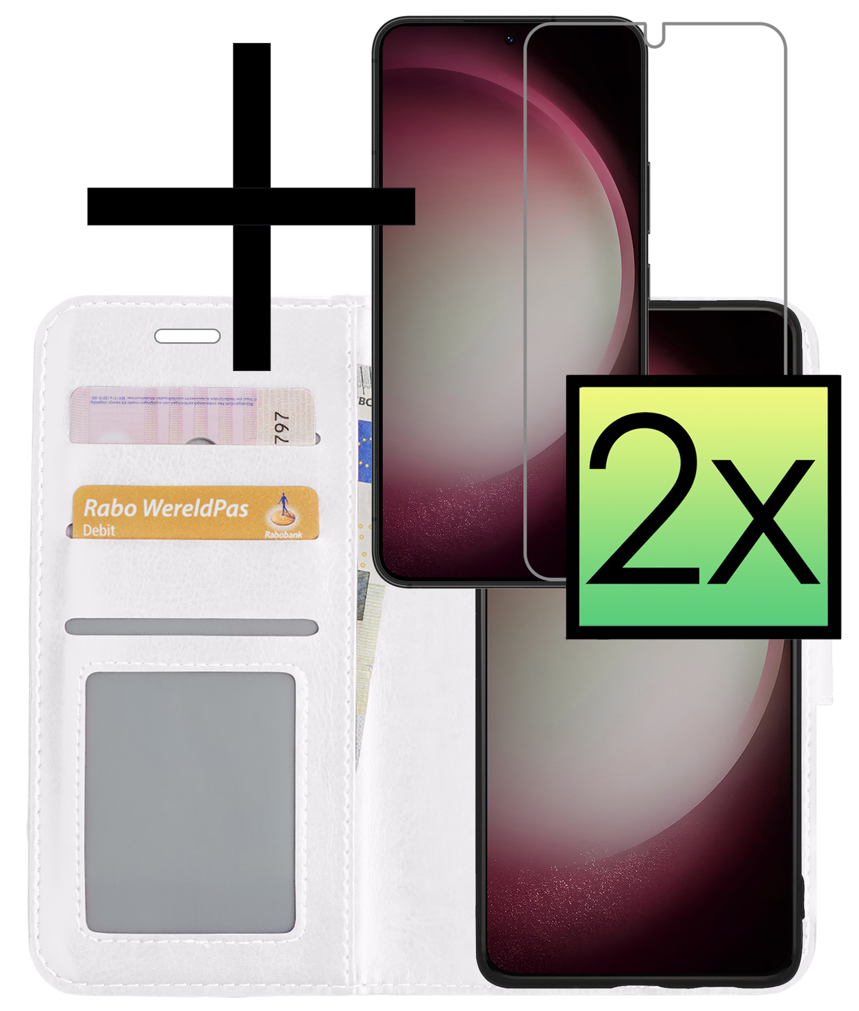 NoXx Hoes Geschikt voor Samsung S23 Plus Hoesje Book Case Hoes Flip Cover Wallet Bookcase Met 2x Screenprotector - Wit