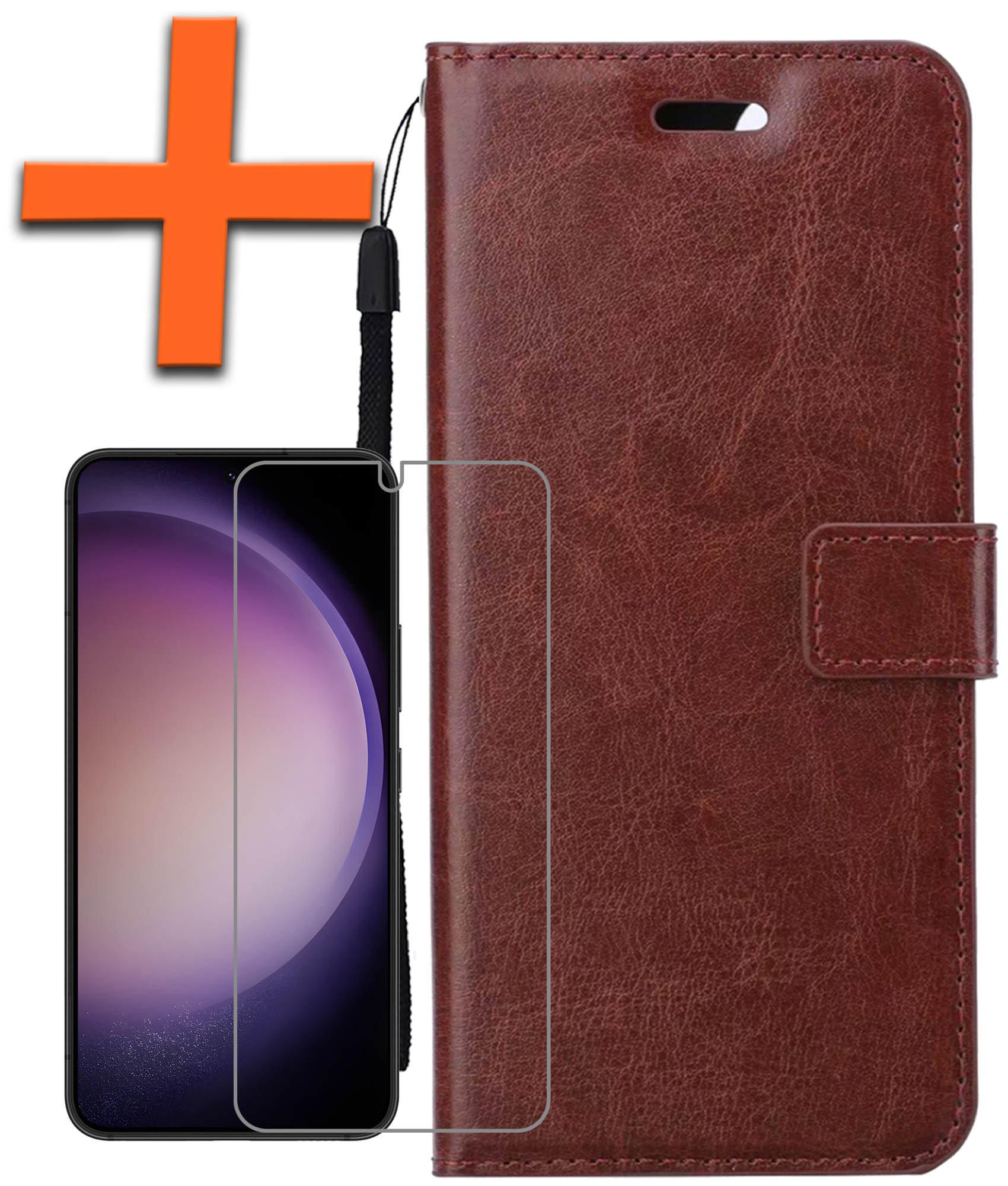 Nomfy Hoesje Geschikt voor Samsung S23 Plus Hoes Bookcase Flipcase Book Cover Met Screenprotector - Hoes Geschikt voor Samsung Galaxy S23 Plus Hoesje Book Case - Bruin