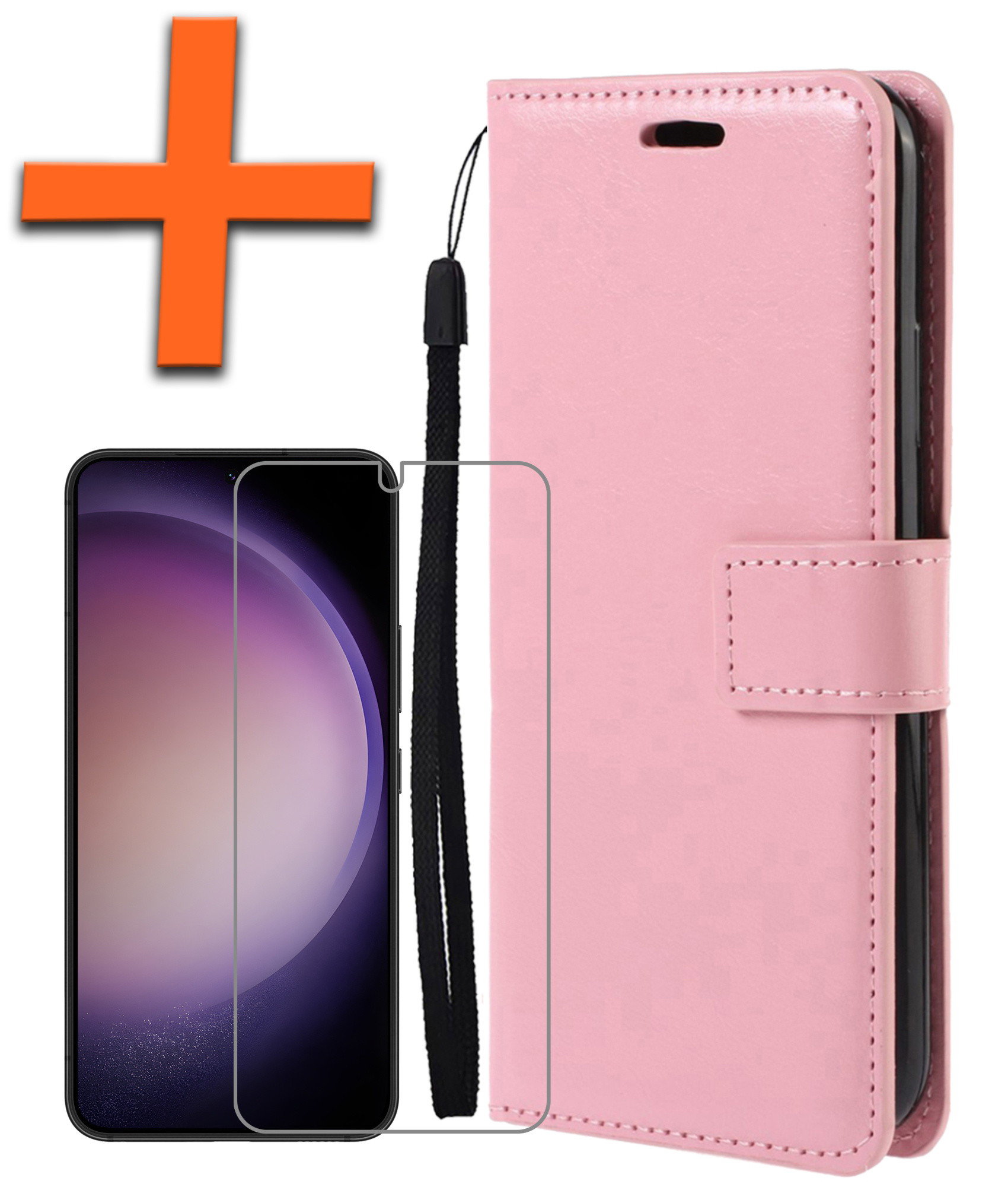 Nomfy Hoesje Geschikt voor Samsung S23 Plus Hoes Bookcase Flipcase Book Cover Met Screenprotector - Hoes Geschikt voor Samsung Galaxy S23 Plus Hoesje Book Case - Lichtroze