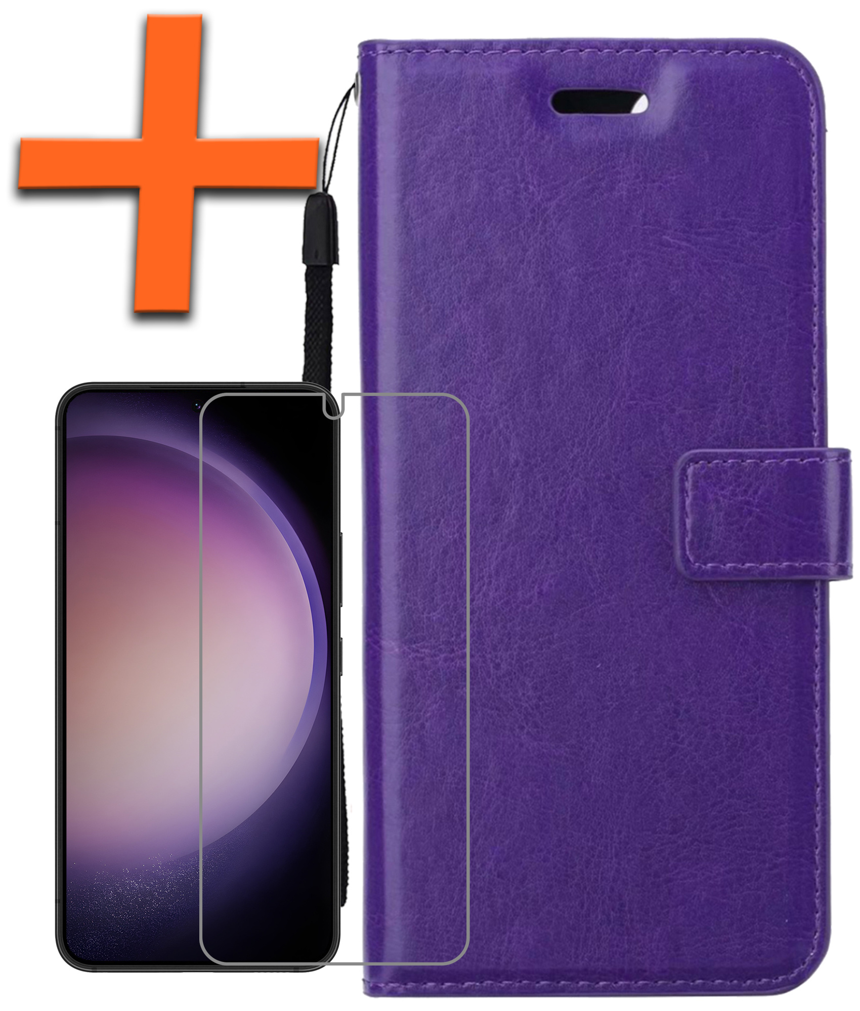 Nomfy Hoesje Geschikt voor Samsung S23 Plus Hoes Bookcase Flipcase Book Cover Met Screenprotector - Hoes Geschikt voor Samsung Galaxy S23 Plus Hoesje Book Case - Paars