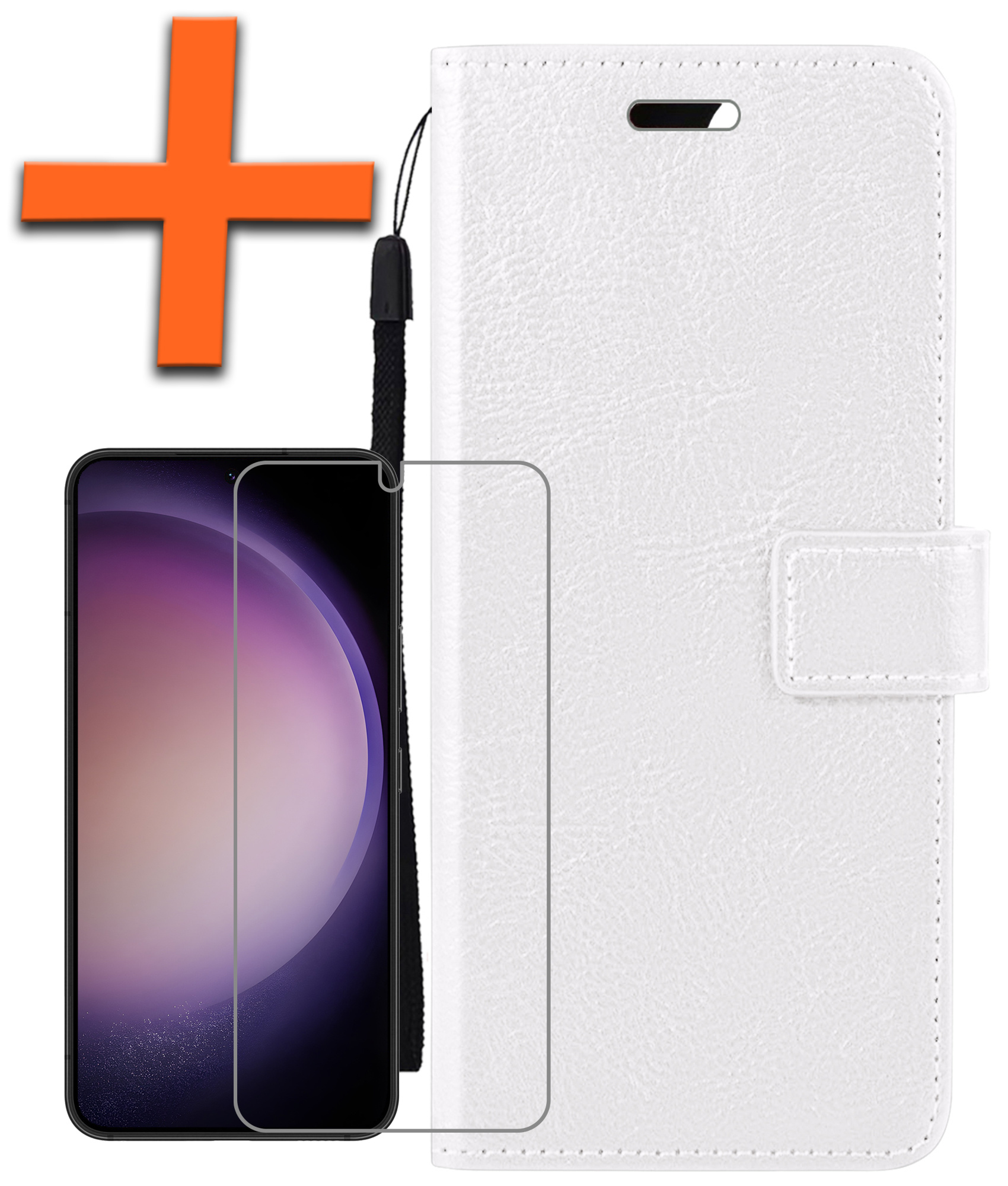 Nomfy Hoesje Geschikt voor Samsung S23 Plus Hoes Bookcase Flipcase Book Cover Met Screenprotector - Hoes Geschikt voor Samsung Galaxy S23 Plus Hoesje Book Case - Wit