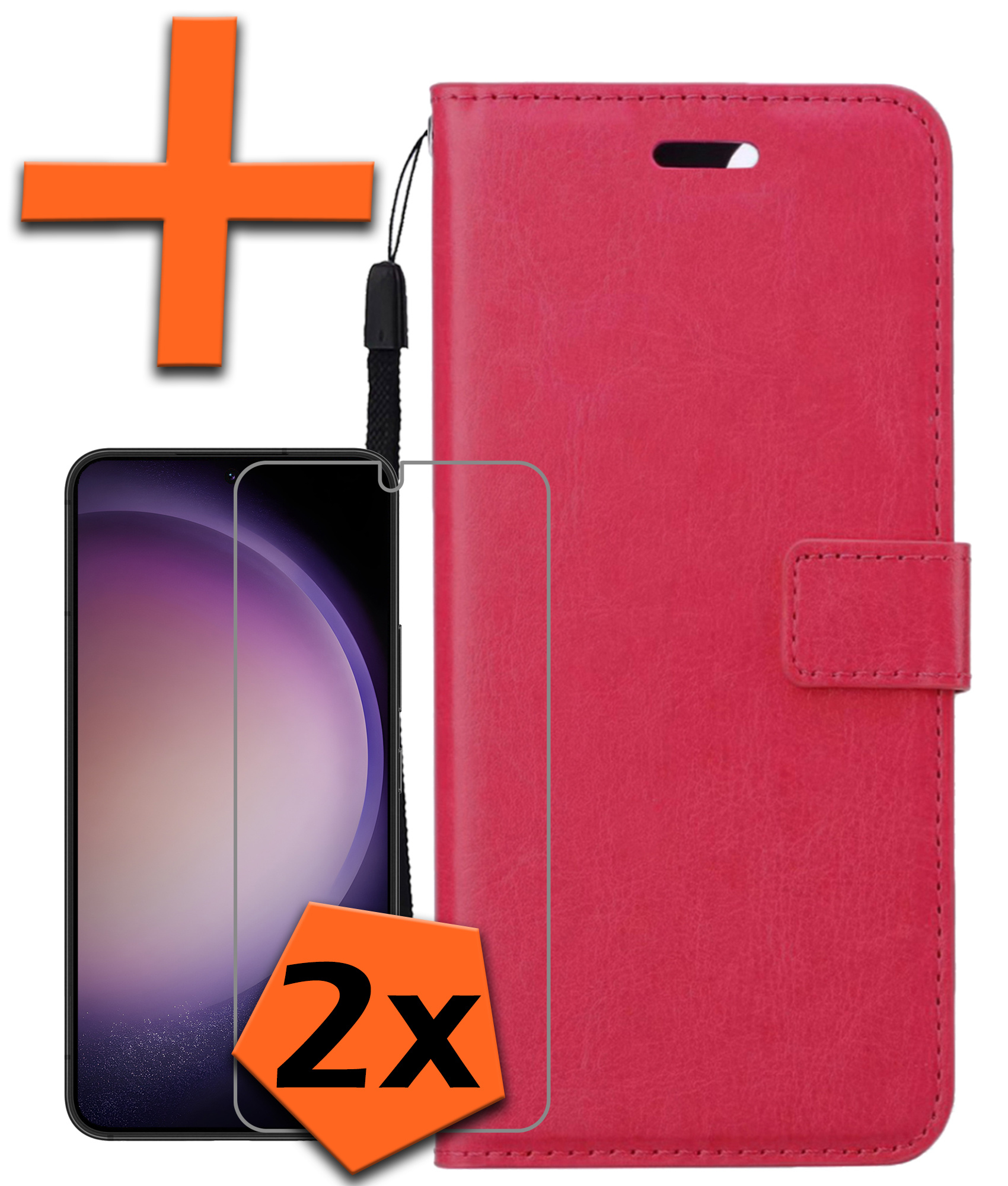 Nomfy Hoesje Geschikt voor Samsung S23 Plus Hoes Bookcase Flipcase Book Cover Met 2x Screenprotector - Hoes Geschikt voor Samsung Galaxy S23 Plus Hoesje Book Case - Donkerroze