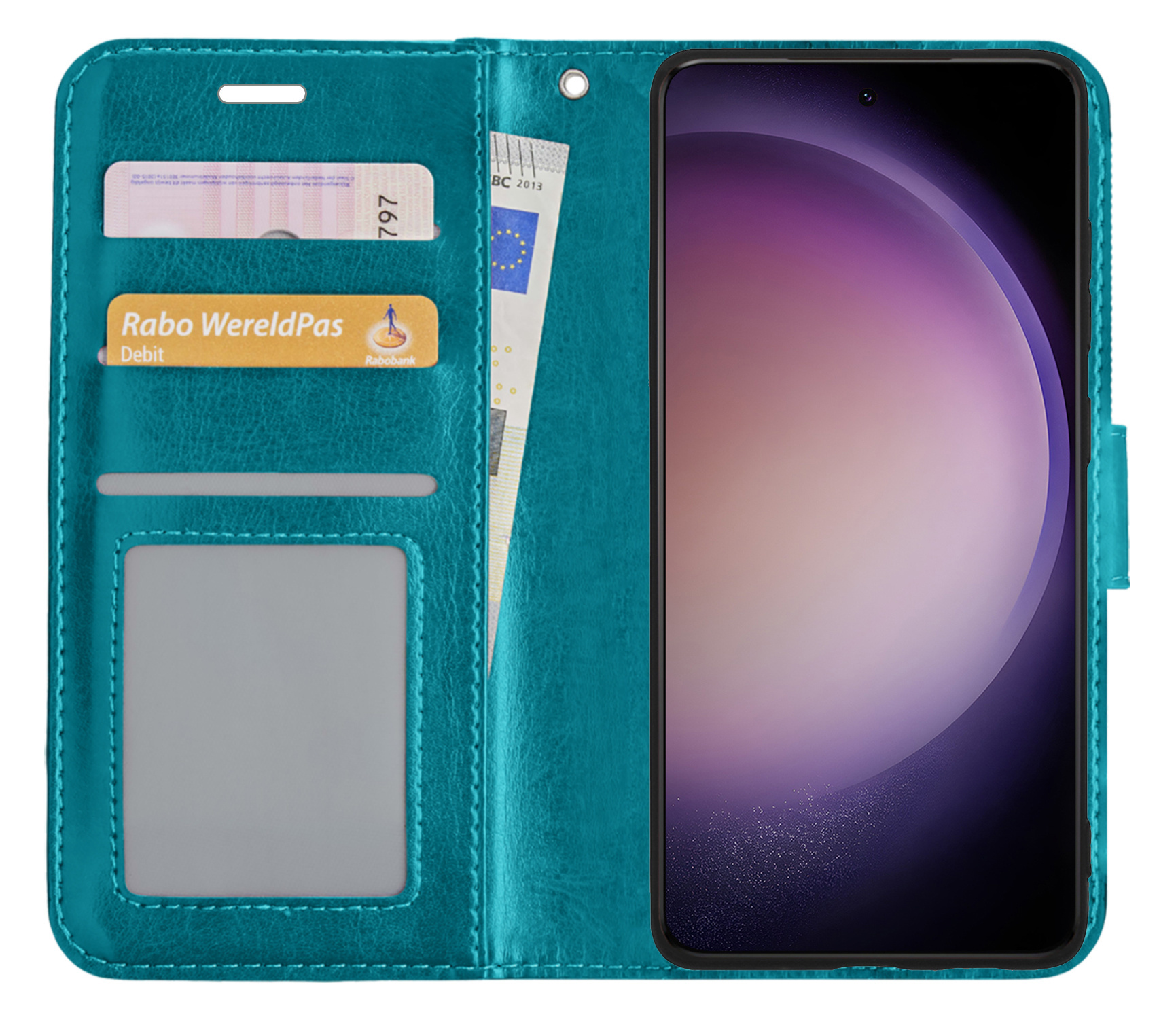 Nomfy Hoesje Geschikt voor Samsung S23 Ultra Hoes Bookcase Flipcase Book Cover Met Screenprotector - Hoes Geschikt voor Samsung Galaxy S23 Ultra Hoesje Book Case - Turquoise