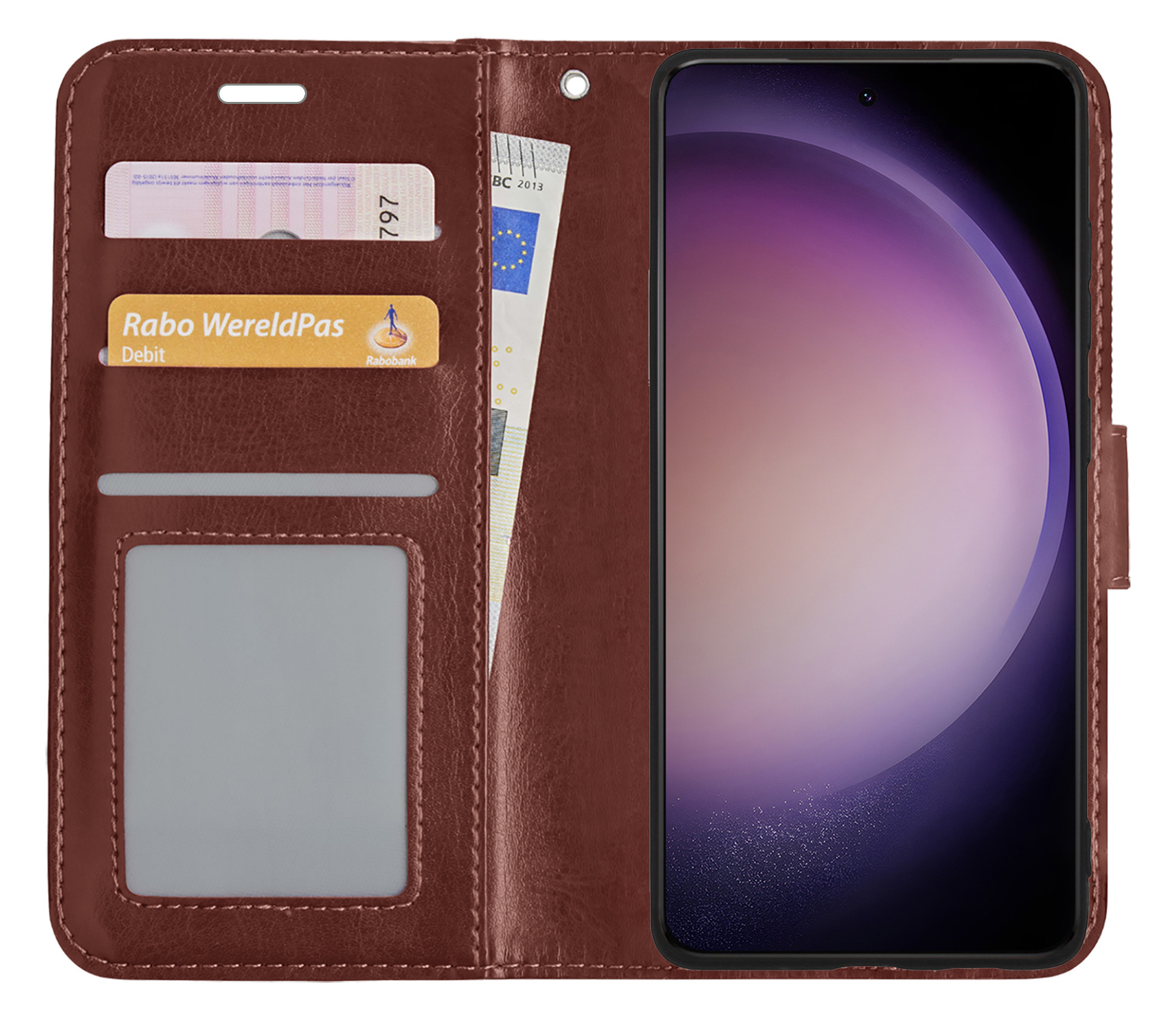 Nomfy Hoesje Geschikt voor Samsung S23 Ultra Hoes Bookcase Flipcase Book Cover Met 2x Screenprotector - Hoes Geschikt voor Samsung Galaxy S23 Ultra Hoesje Book Case - Bruin