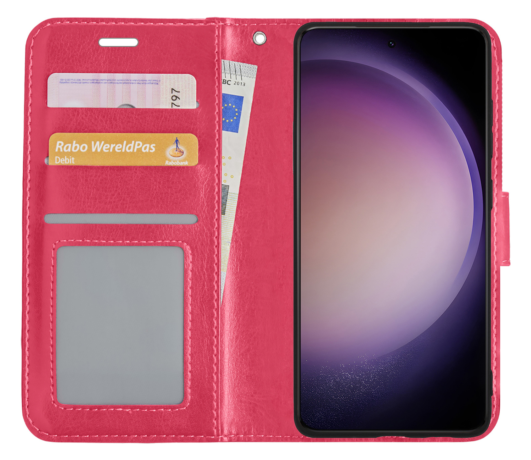 Nomfy Hoesje Geschikt voor Samsung S23 Ultra Hoes Bookcase Flipcase Book Cover Met 2x Screenprotector - Hoes Geschikt voor Samsung Galaxy S23 Ultra Hoesje Book Case - Donkerroze