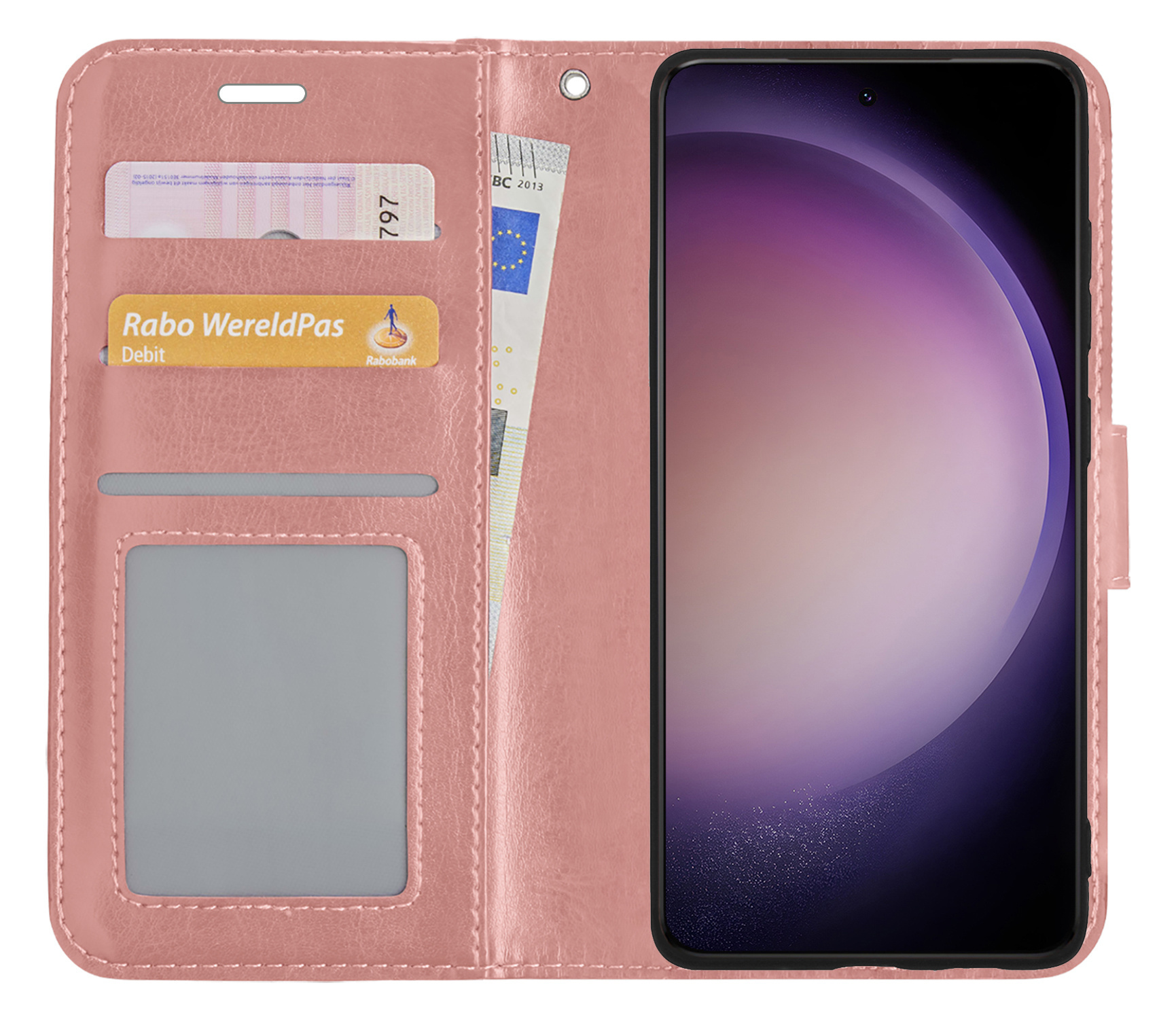 Nomfy Hoesje Geschikt voor Samsung S23 Ultra Hoes Bookcase Flipcase Book Cover Met 2x Screenprotector - Hoes Geschikt voor Samsung Galaxy S23 Ultra Hoesje Book Case - Rosé goud