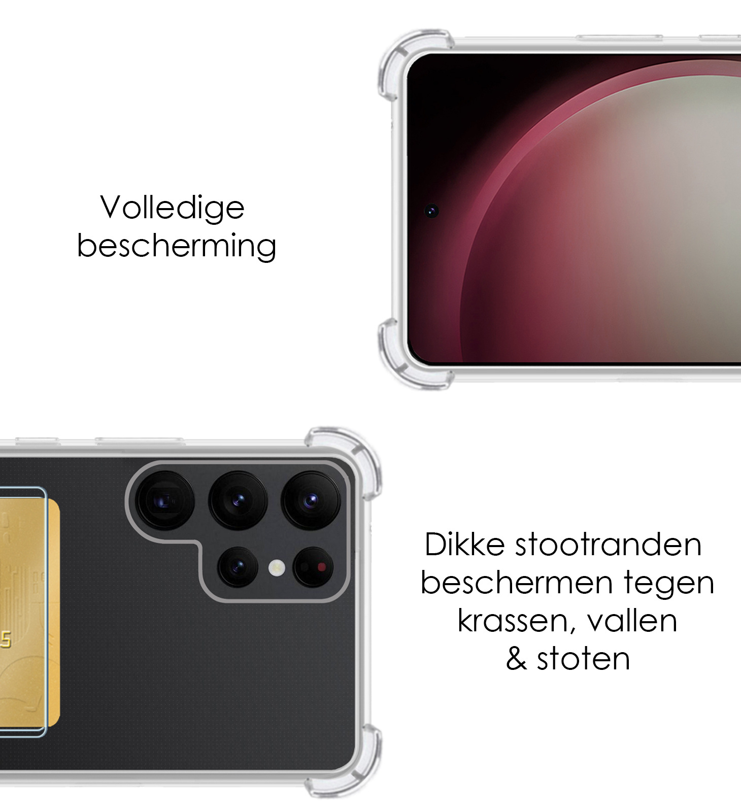NoXx Hoes Geschikt voor Samsung S23 Ultra Hoesje Pasjeshouder Cover Shock Proof Case Siliconen Hoes Met Kaarthouder Met 2x Screenprotector - Transparant