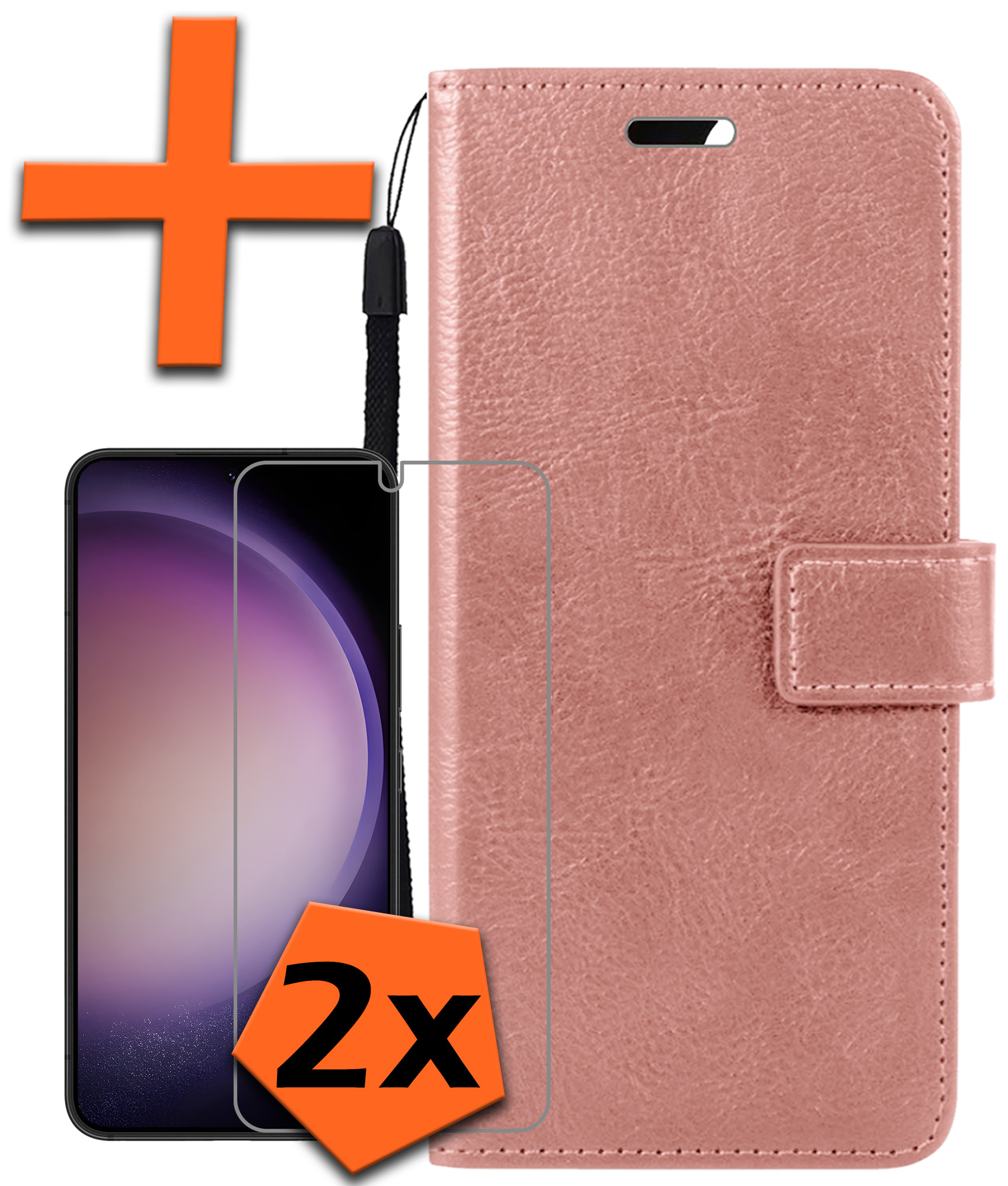 Nomfy Hoesje Geschikt voor Samsung S23 Plus Hoes Bookcase Flipcase Book Cover Met 2x Screenprotector - Hoes Geschikt voor Samsung Galaxy S23 Plus Hoesje Book Case - Rosé goud