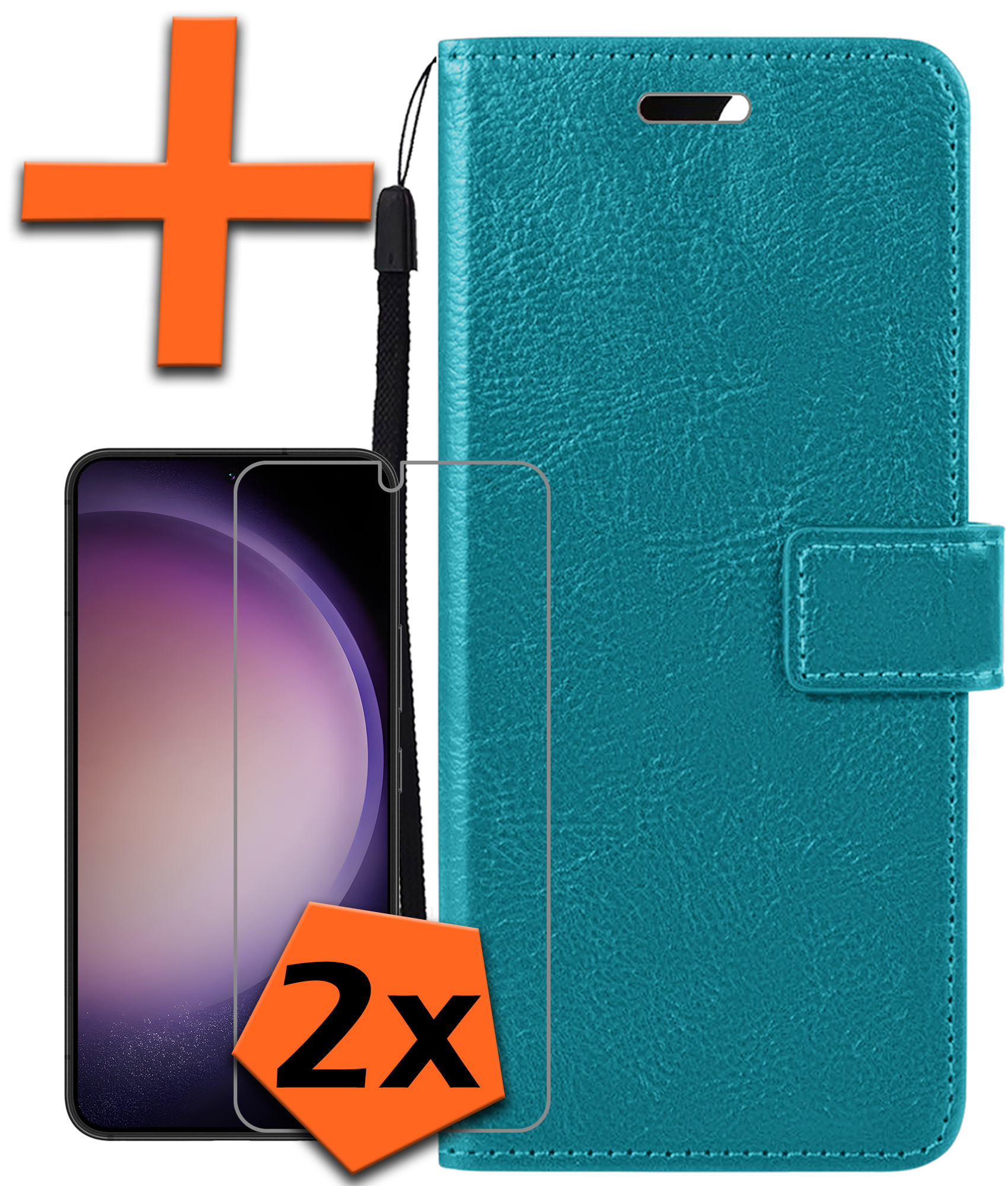 Nomfy Hoesje Geschikt voor Samsung S23 Plus Hoes Bookcase Flipcase Book Cover Met 2x Screenprotector - Hoes Geschikt voor Samsung Galaxy S23 Plus Hoesje Book Case - Turquoise
