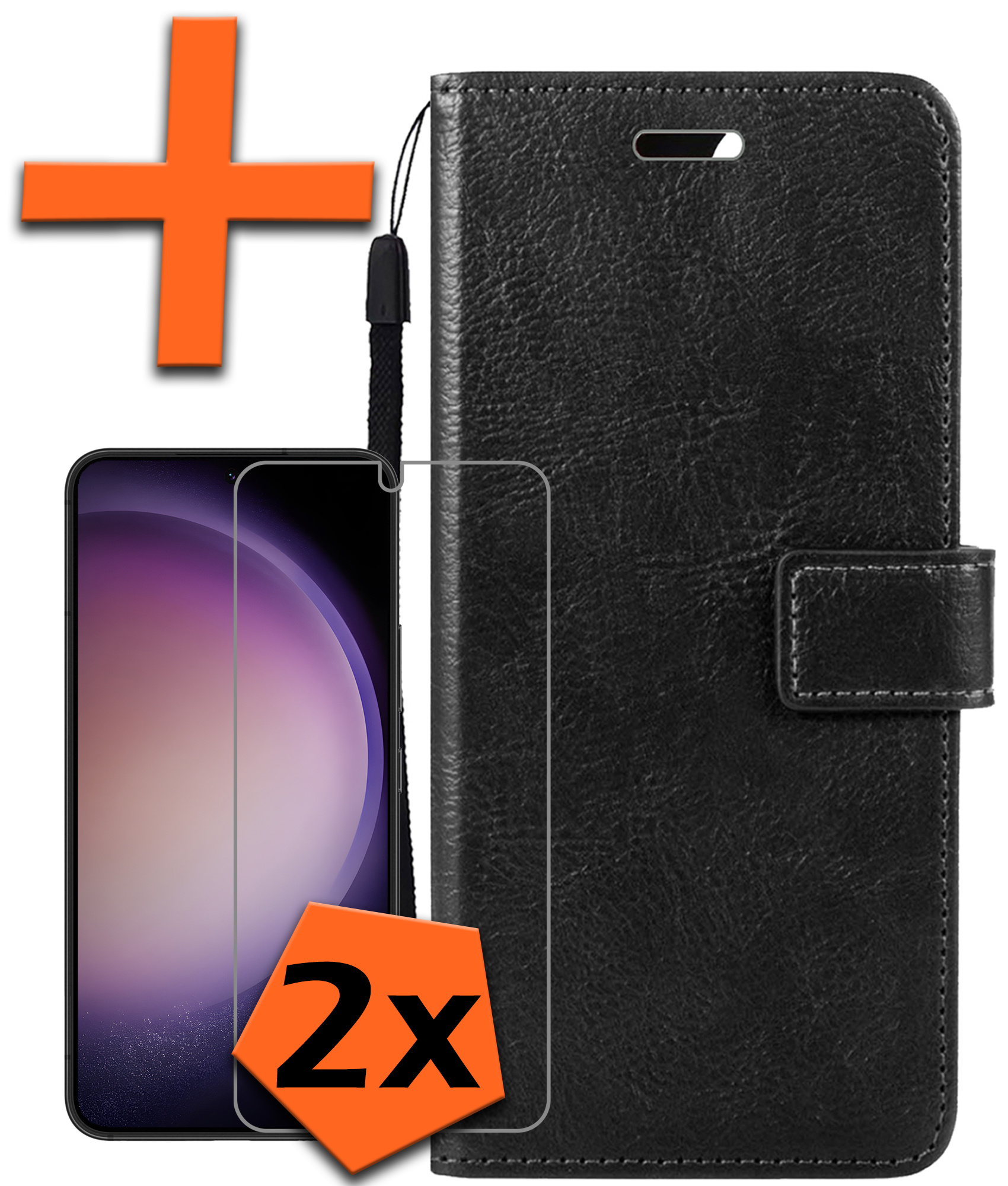 Nomfy Hoesje Geschikt voor Samsung S23 Plus Hoes Bookcase Flipcase Book Cover Met 2x Screenprotector - Hoes Geschikt voor Samsung Galaxy S23 Plus Hoesje Book Case - Zwart