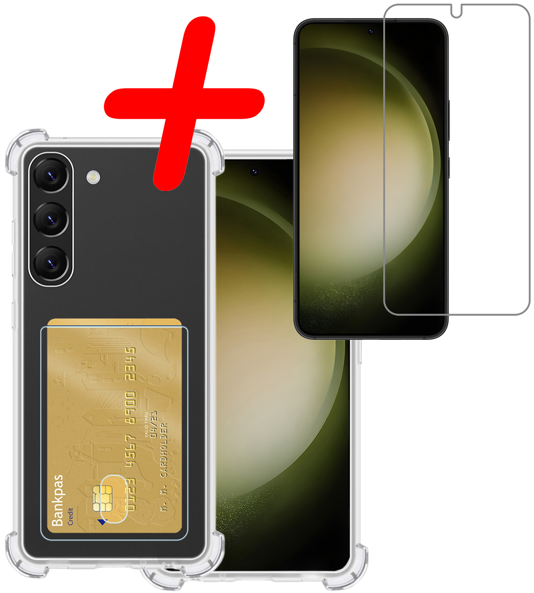 Samsung Galaxy S23 Plus Hoesje Shock Proof Case Met Pasjeshouder Met Screenprotector - Samsung S23 Plus Case Pashouder Shock Hoes - Transparant
