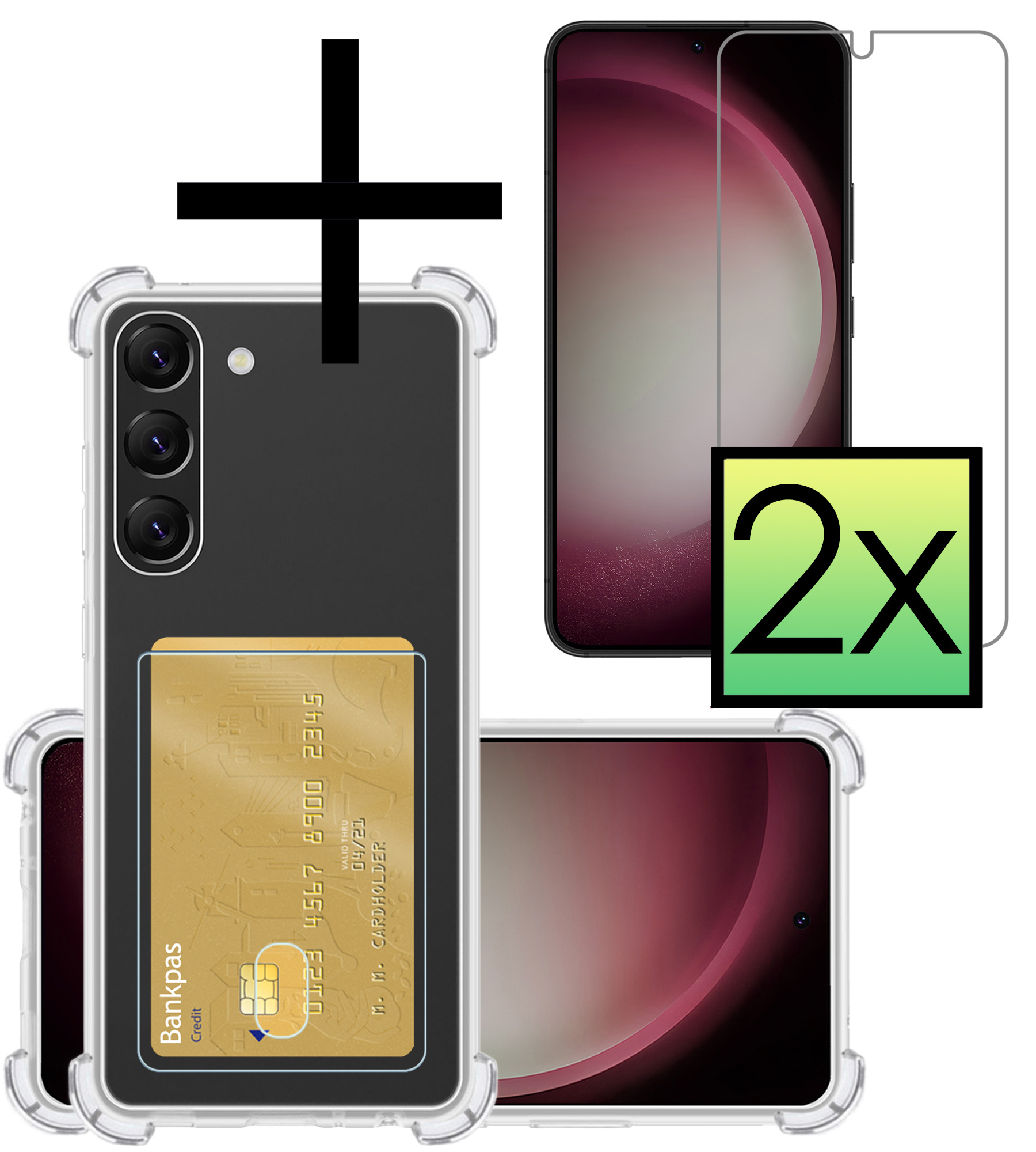 NoXx Hoes Geschikt voor Samsung S23 Plus Hoesje Pasjeshouder Cover Shock Proof Case Siliconen Hoes Met Kaarthouder Met 2x Screenprotector - Transparant