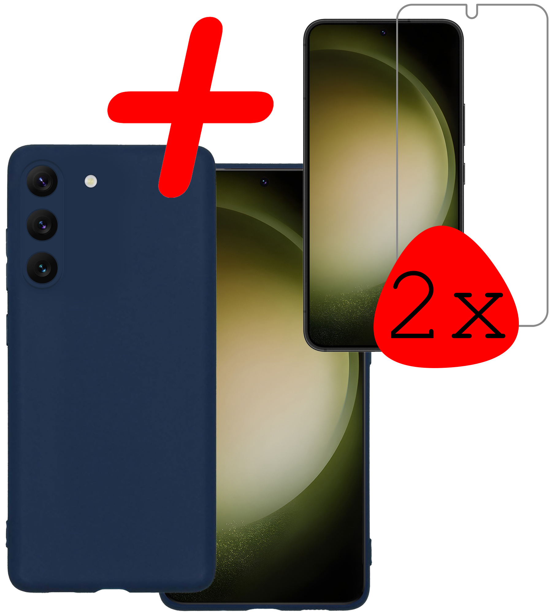 BASEY. Hoes Geschikt voor Samsung S23 Plus Hoesje Siliconen Back Cover Case Met 2x Screenprotector - Hoesje Geschikt voor Samsung Galaxy S23 Plus Hoes Cover Hoesje - Donkerblauw