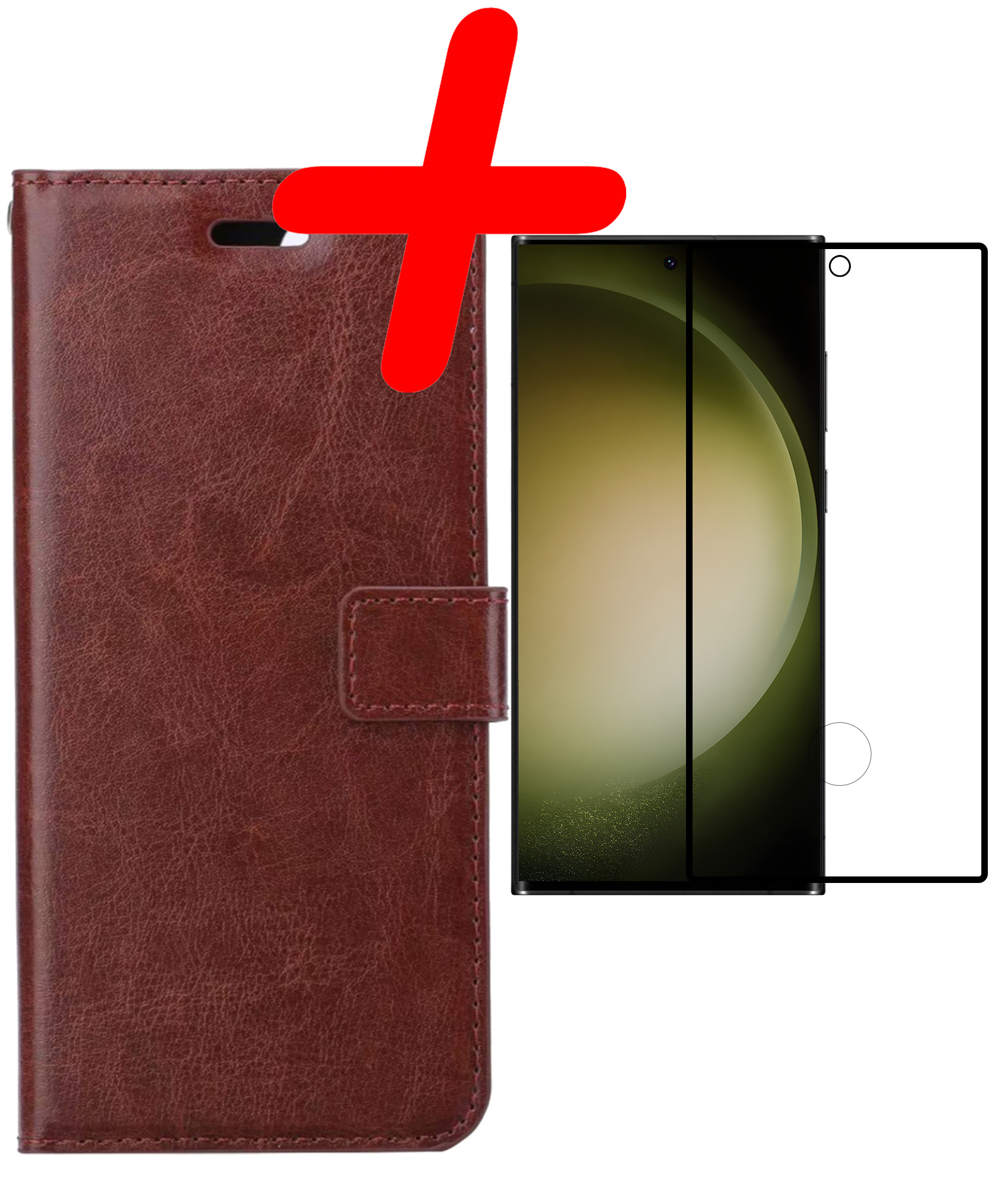 BASEY. Hoes Geschikt voor Samsung S23 Ultra Hoesje Bookcase Hoes Flip Case Book Cover Met Screenprotector - Hoesje Geschikt voor Samsung Galaxy S23 Ultra Hoes Book Case Hoesje - Bruin