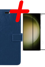 BASEY. Hoes Geschikt voor Samsung S23 Ultra Hoesje Bookcase Hoes Flip Case Book Cover Met Screenprotector - Hoesje Geschikt voor Samsung Galaxy S23 Ultra Hoes Book Case Hoesje - Donkerblauw