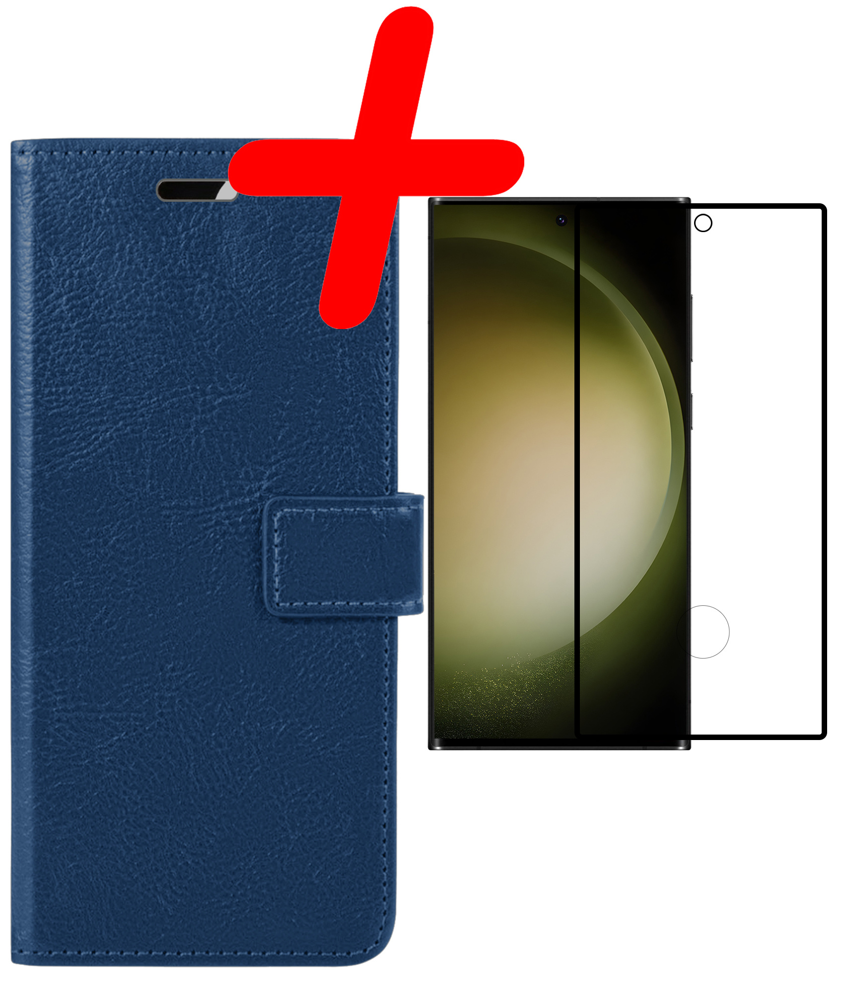 BASEY. Hoes Geschikt voor Samsung S23 Ultra Hoesje Bookcase Hoes Flip Case Book Cover Met Screenprotector - Hoesje Geschikt voor Samsung Galaxy S23 Ultra Hoes Book Case Hoesje - Donkerblauw